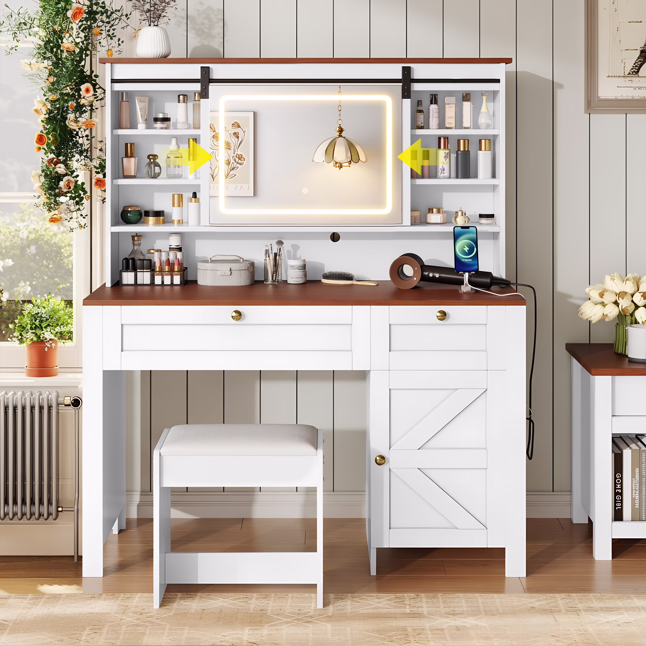 PAPROOS Vanity Set with Sliding Mirror and Lights, Large Farmhouse Makeup Desk with Charging Station, Dressing Table with 2 Drawers and Storage Cabinet, Upholstered Stool, White