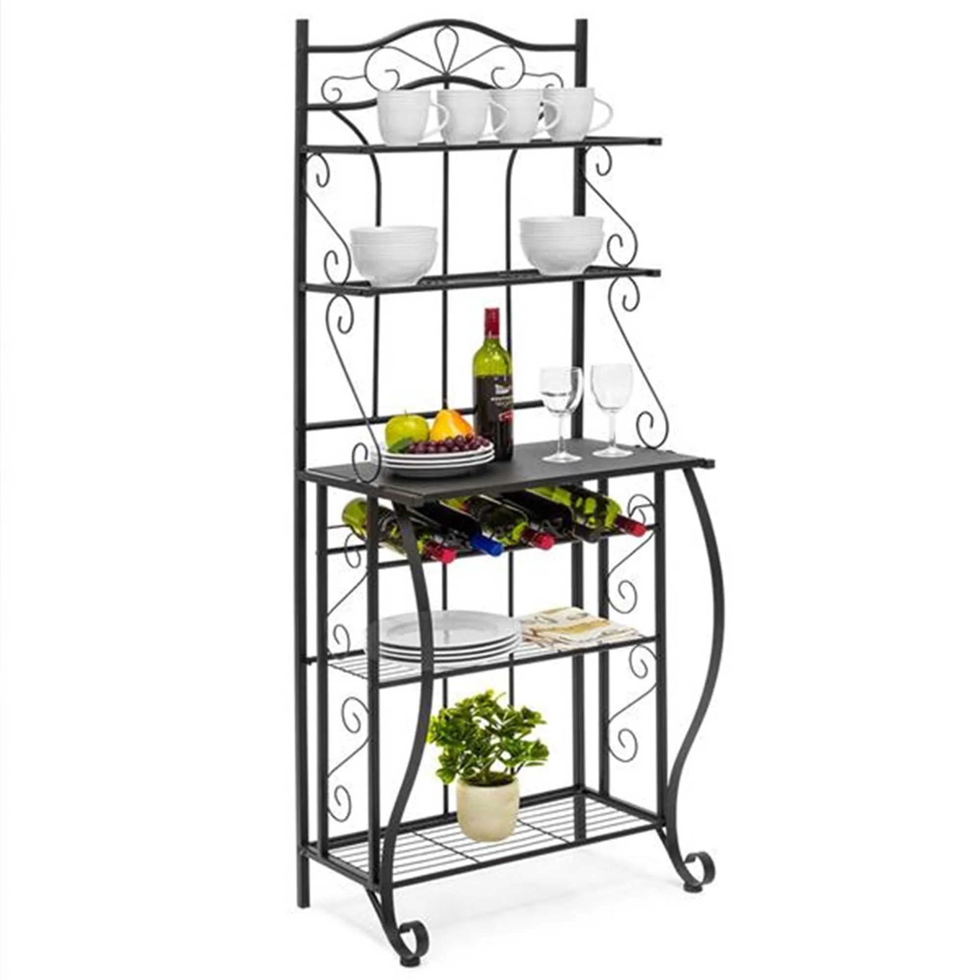 Artisasset 5-Tier Scroll Feet Metal Kitchen Baker's Rack with Wine Holder, Black