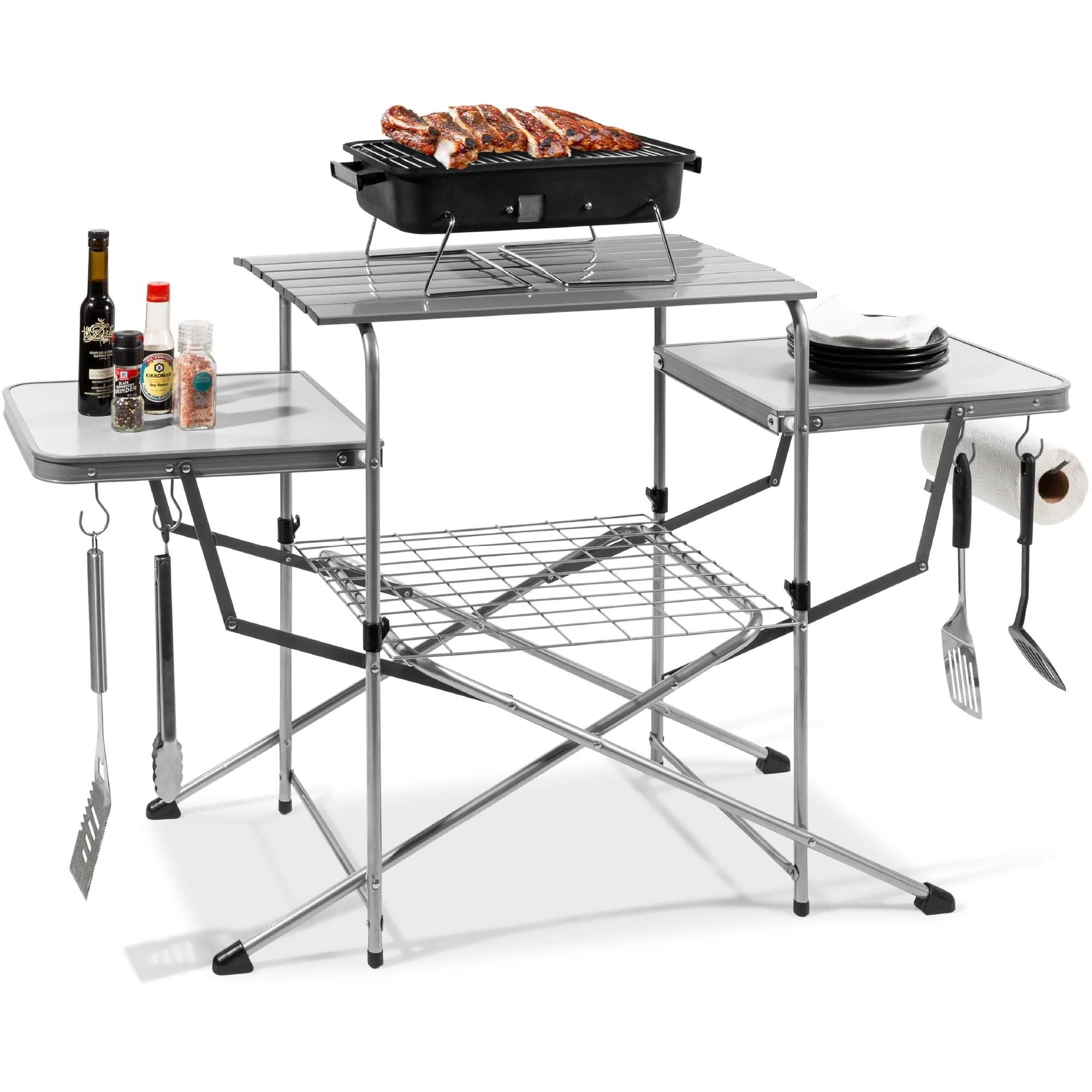 Choice Products Portable Folding Grill Table, Outdoor Food Prep Station for Camping w/ Carrying Case, 4 Hooks