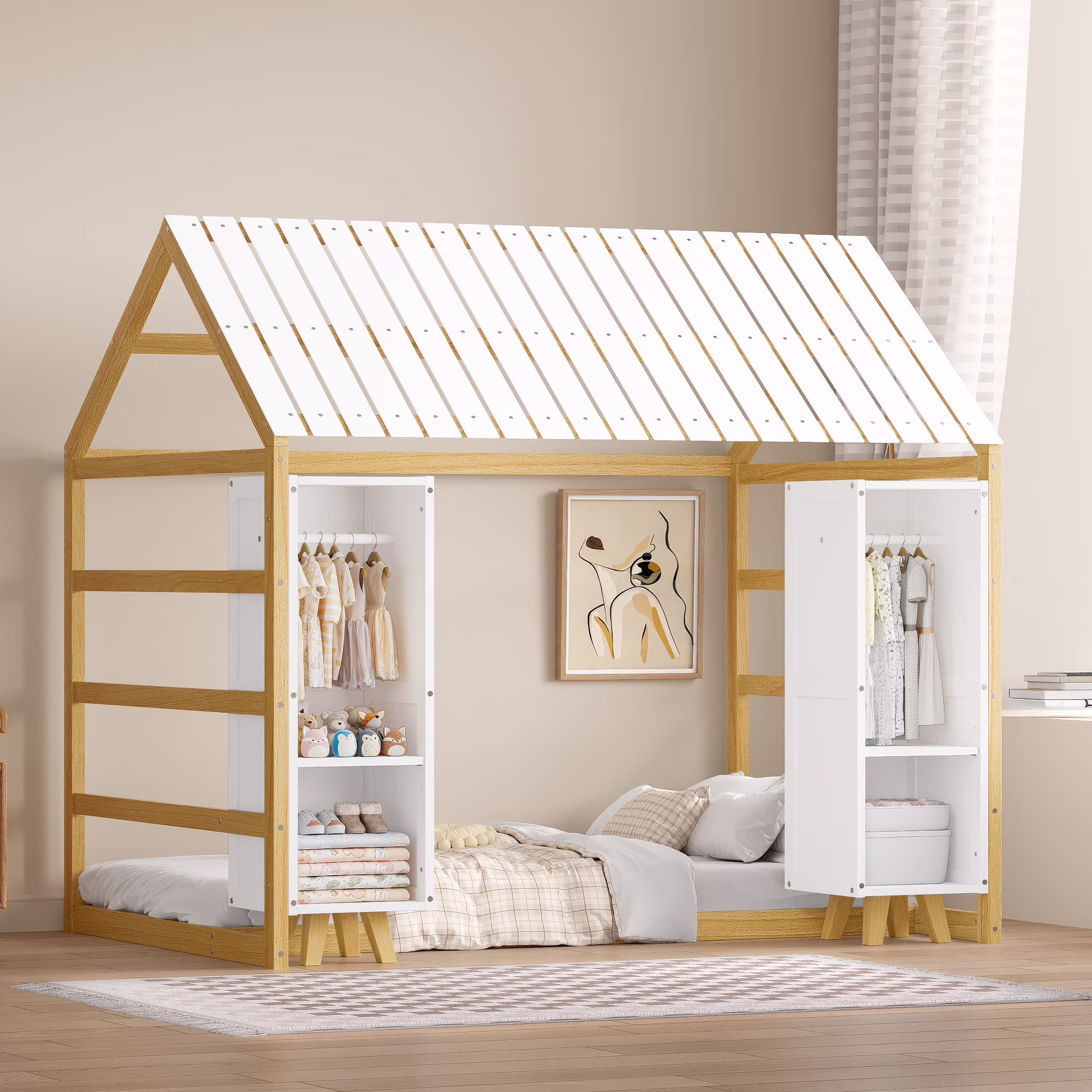 Miniyam Wood Twin Size House Bed with Fence and Roof for Kids, Natural