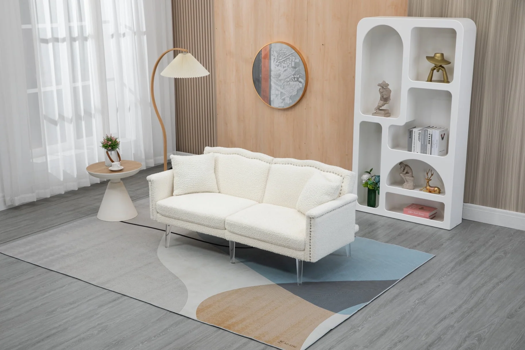 Loveseat Sofa, Modern Polyester Upholstered Accent Sofa Couch with Low Back and Acrylic Feet, 2-Seater Convertible Sleeper Bed Futon Sofa with 2 Pillows for Living Room Bedroom Office, White