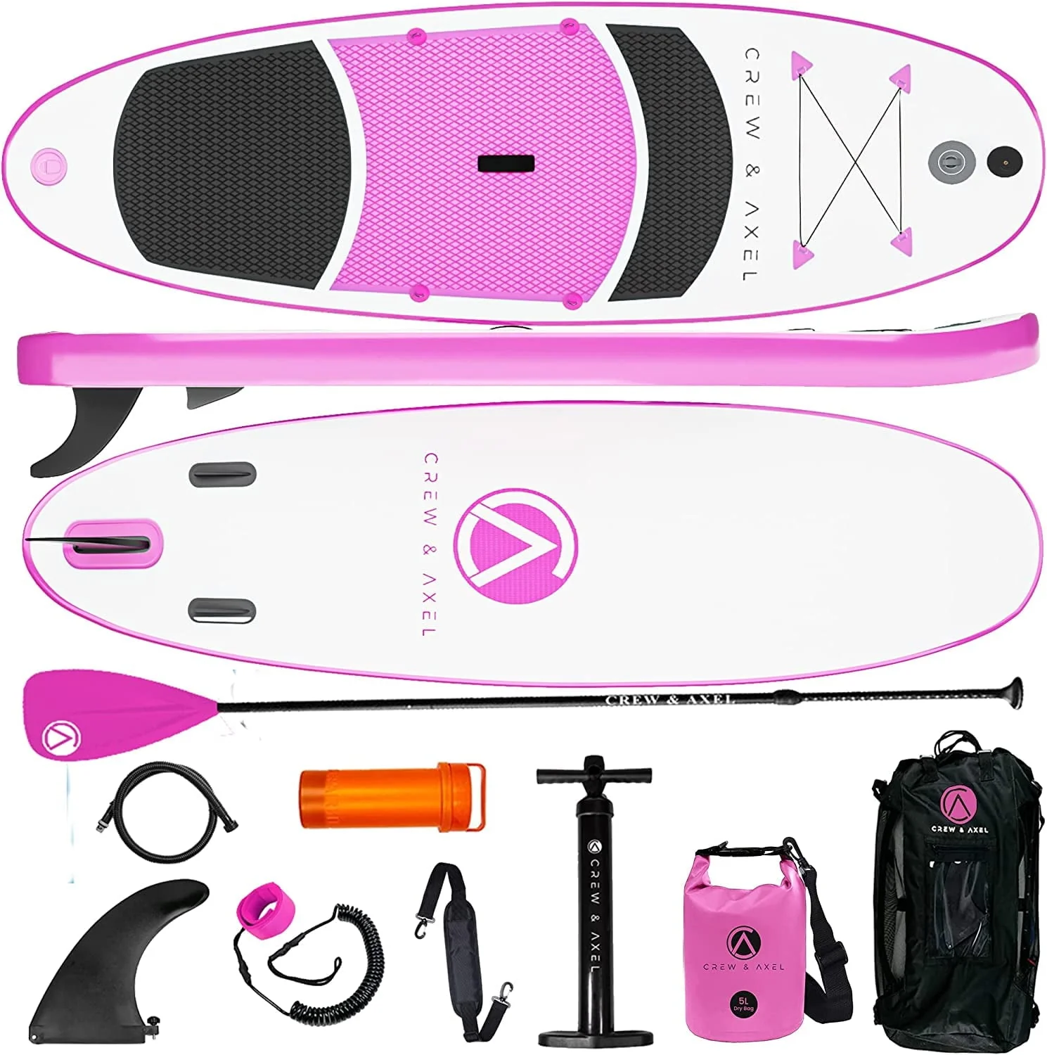 Crew Axel Inflatable Paddle Board 10336 Extra Wide & Lightweight (18lb) Paddle Board  Premium SUP Set Includes 2 Bags, Floating Paddle, Camera Mount, 3 Fins, Dual Pump Kit