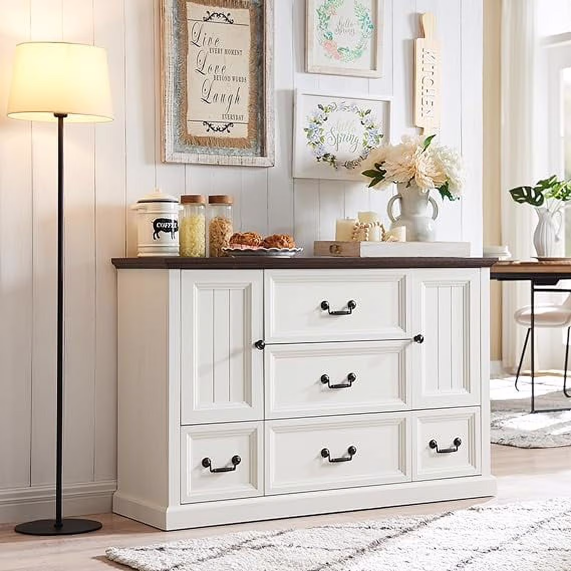 SinCiDo Farmhouse Coffee Bar Cabinet, 47" Buffet Cabinet w/5 Drawers, White