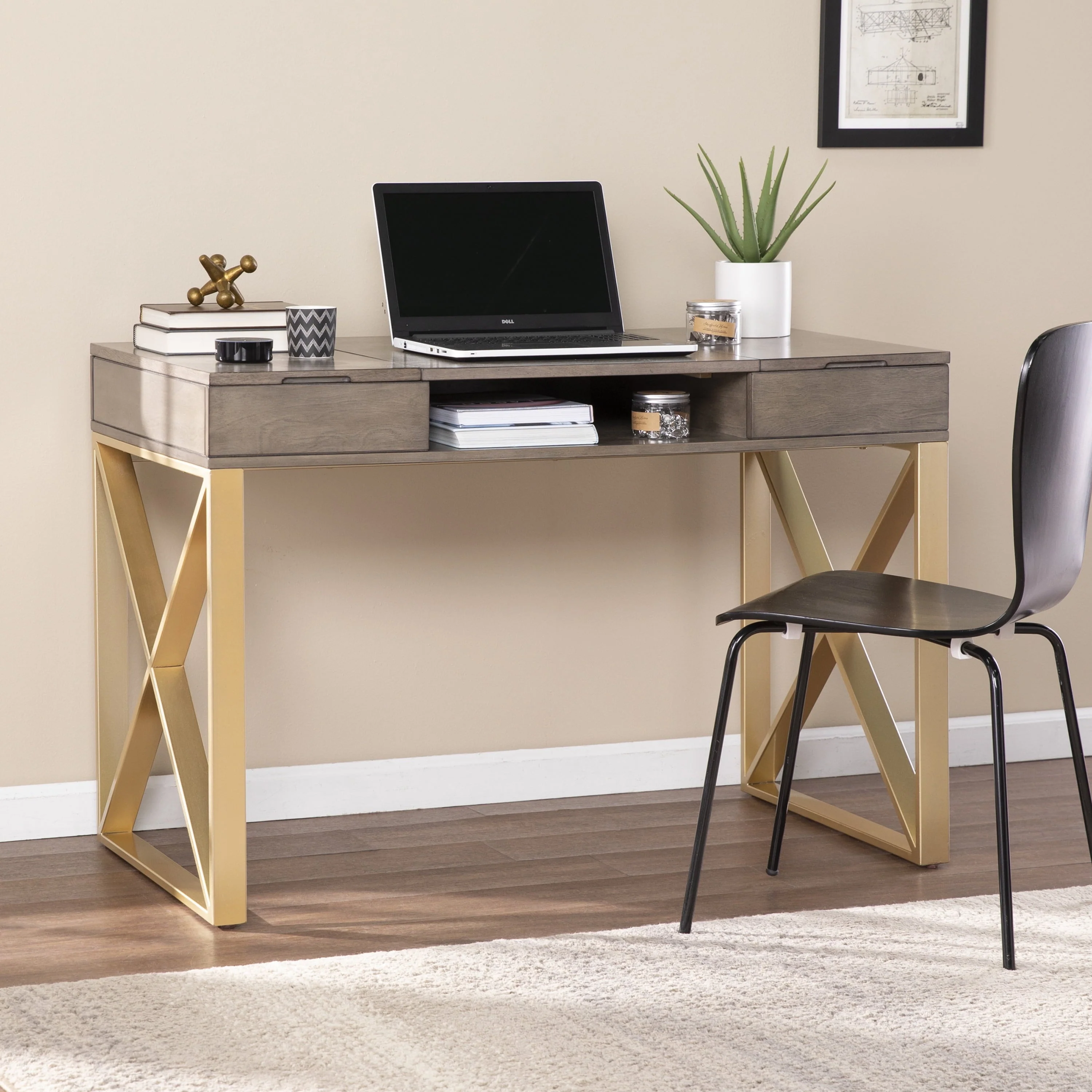 SEI Baridil Transitional Two-Tone Desk w/ Storage with Gray and Gold Finish