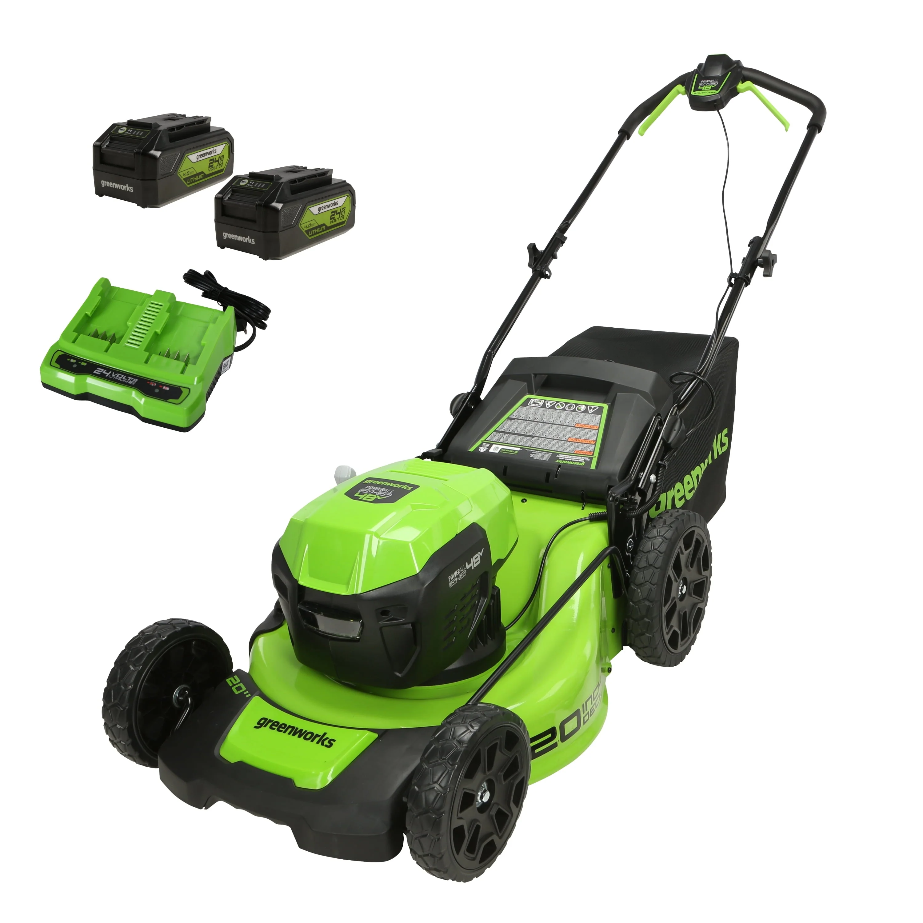Greenworks 48V 20" Brushless Battery-Powered Lawn Mower, Two (2) 4.0Ah USB Batteries and Charger