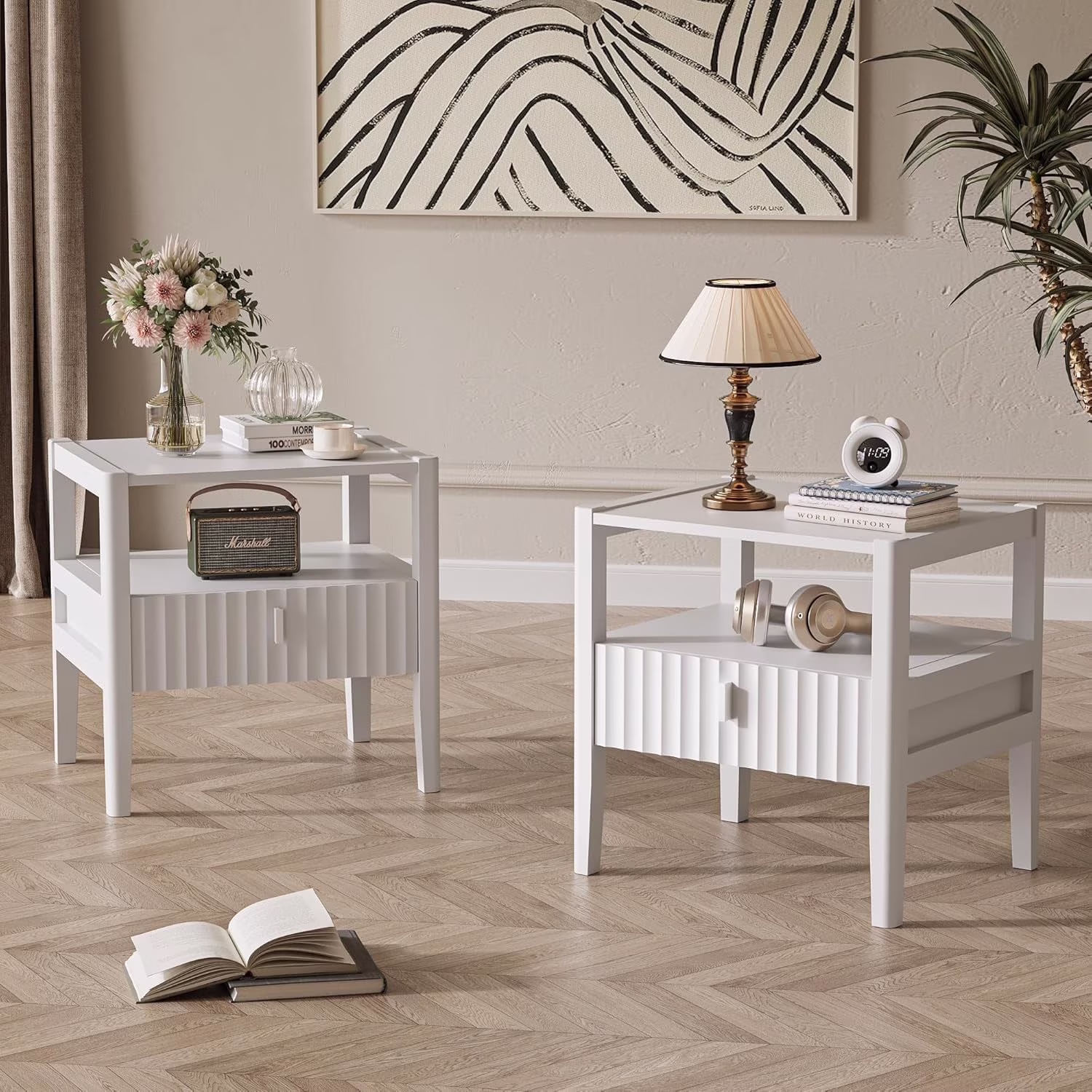 FURNIWAY White Nightstand Set of 2, Modern Bedside Table with Drawer & Open Storage Shelf, 2-Tier Night Table with for Bedroom,Living Room,Hallway