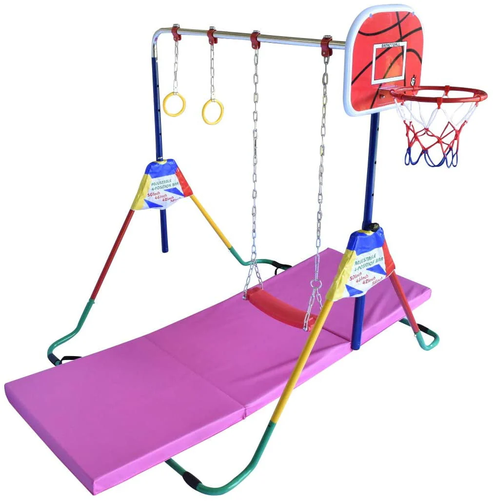 Adjustable Height Gymnastics Bar for Kids Kip Bar 6 in 1 Set, 6'x2' Gymnastic Tumble Mat, Swing Seat, 2 Trapeze Rings, Basketball Hoop, Home Junior Training Monkey Bars Fitness Balance Horizontal Bar