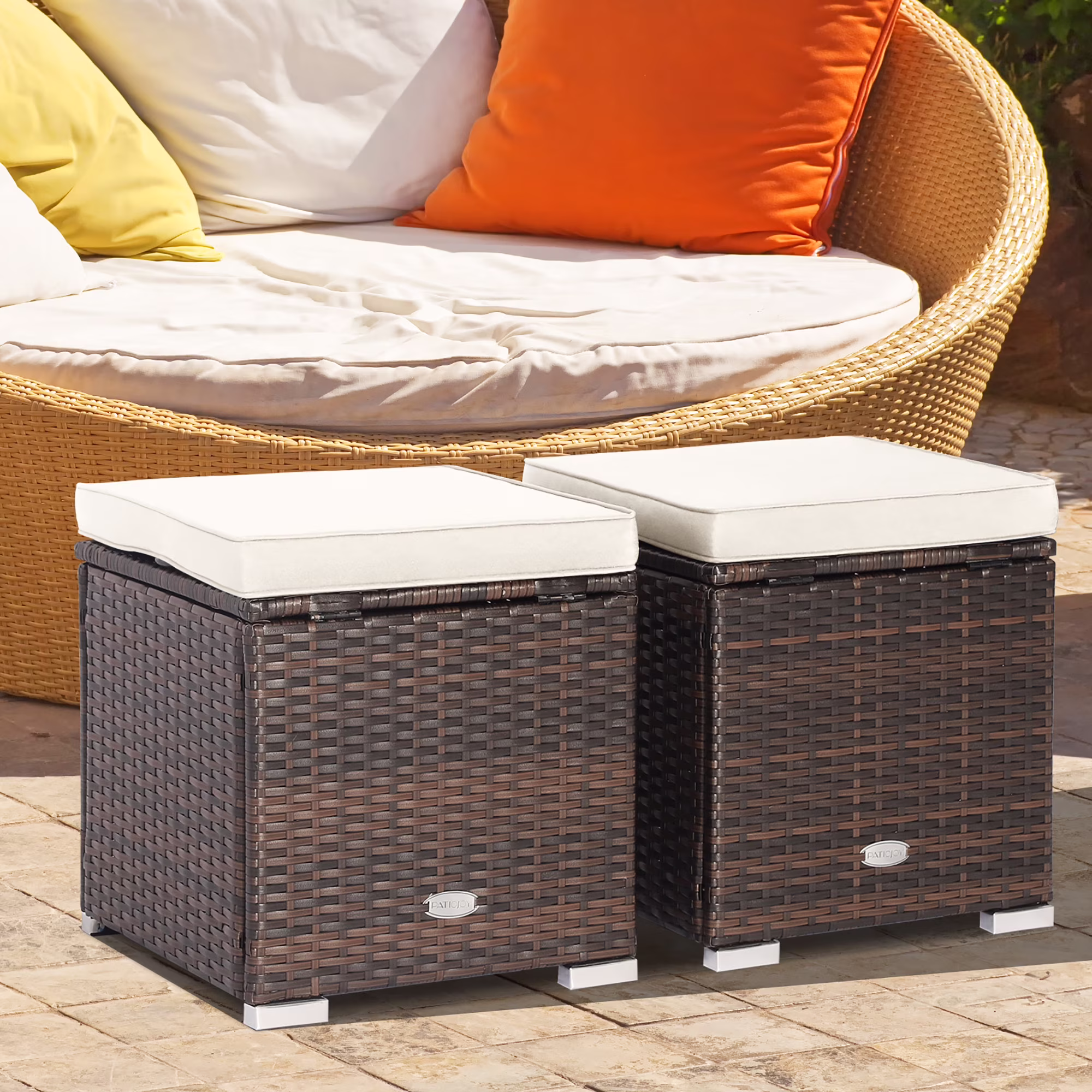 Costway 2PC Patio Rattan Ottoman Seat Side Table Storage Box Footrest Off White