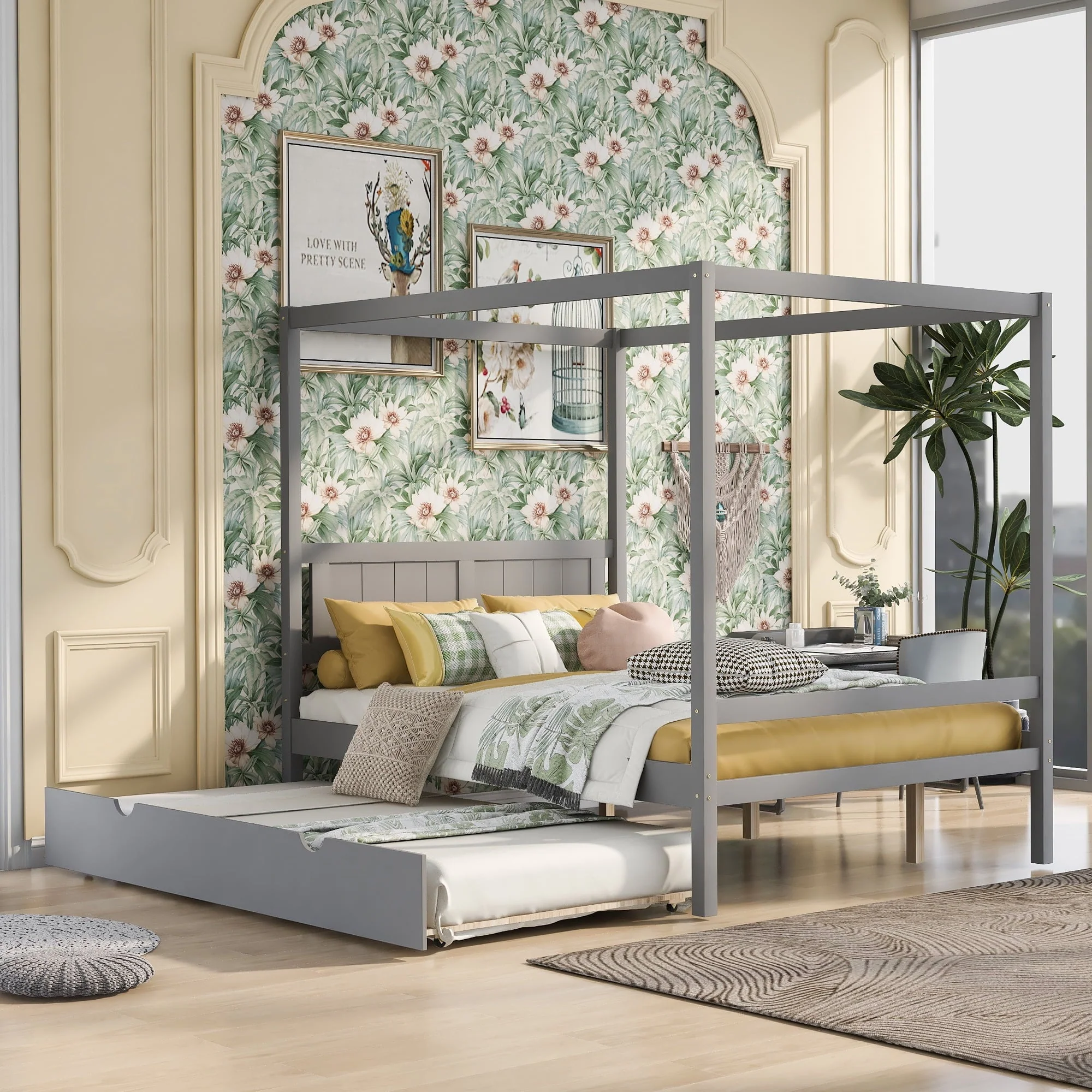 Full Size Canopy Platform Bed with Trundle, New Upgraded Wood Canopy Bed Frame with Headboard and Footboard, Wooden Slat Support, Full Platform Bed for Kids Teens Adults, No Box Spring Needed, Gray