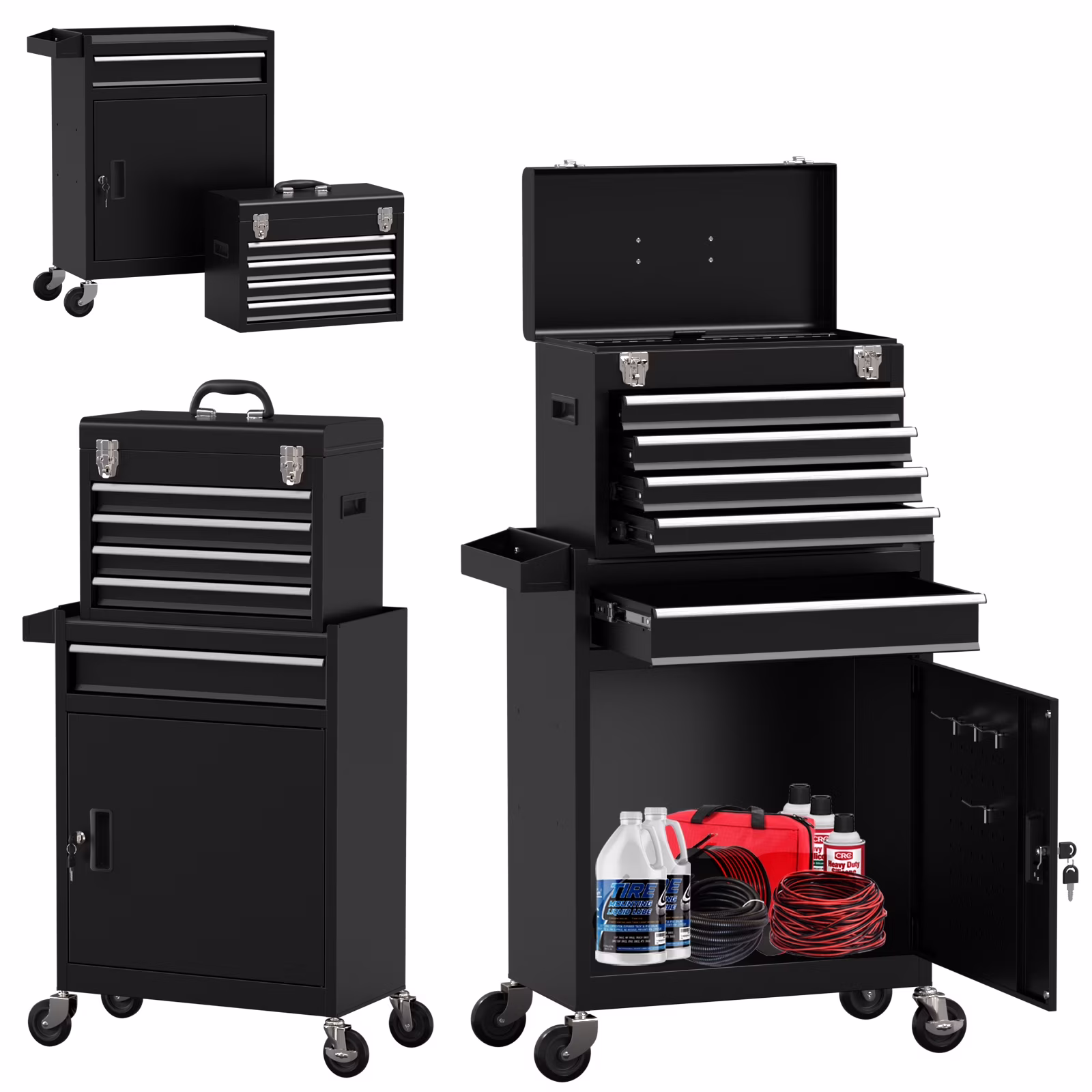 Odaof Tool Storage Cabinet Tool Chest with 4 Wheels and 5 Drawers,Large Capacity Removable Toolbox with Lock for Garage and Warehouse(Black)