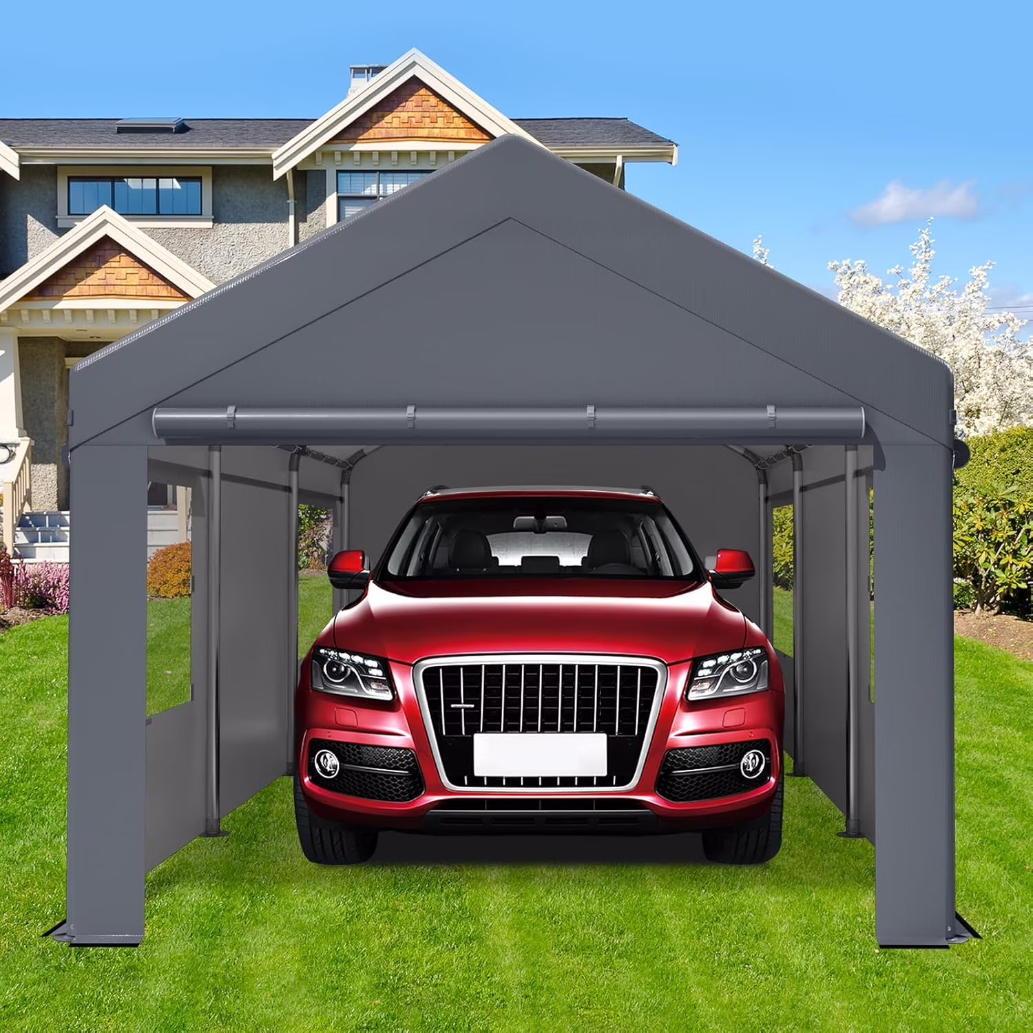 Carport,10x20 ft Heavy Duty Carport with Roll-up Windows,Portable Garage with Sidewalls,Car Canopy,All-Season Portable Garage for Car Boat Truck Motorcycle Parties