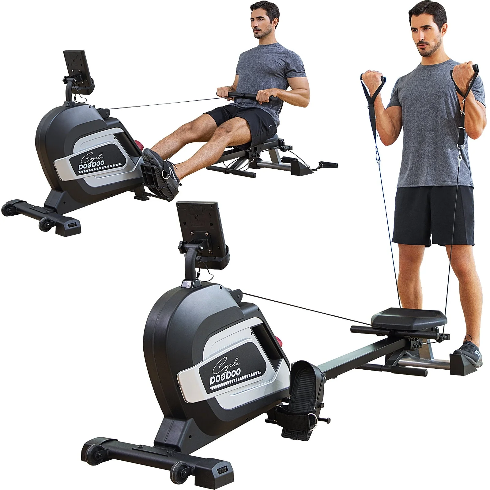 Pooboo Magnetic Rowing Machine Home Foldable Stationary Rower with Arm Strength Training 14 Levels Resistance & LCD Monitor Holder Max Weight 360 lbs