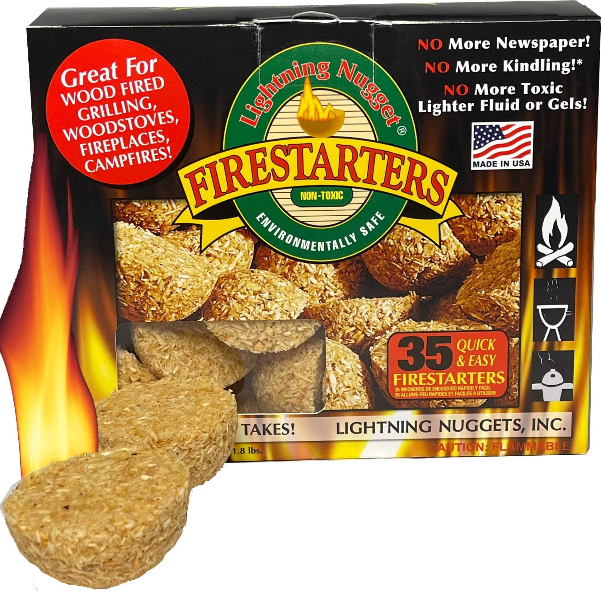 Lightning Nuggets - All Natural Fire Starters - Lightning Nugget 35 Count box with each nugget measuring 2 1/8" in diameter and approximately 1" high and giving off an 8" flame and burns for at least 15 minutes at 480 degrees.