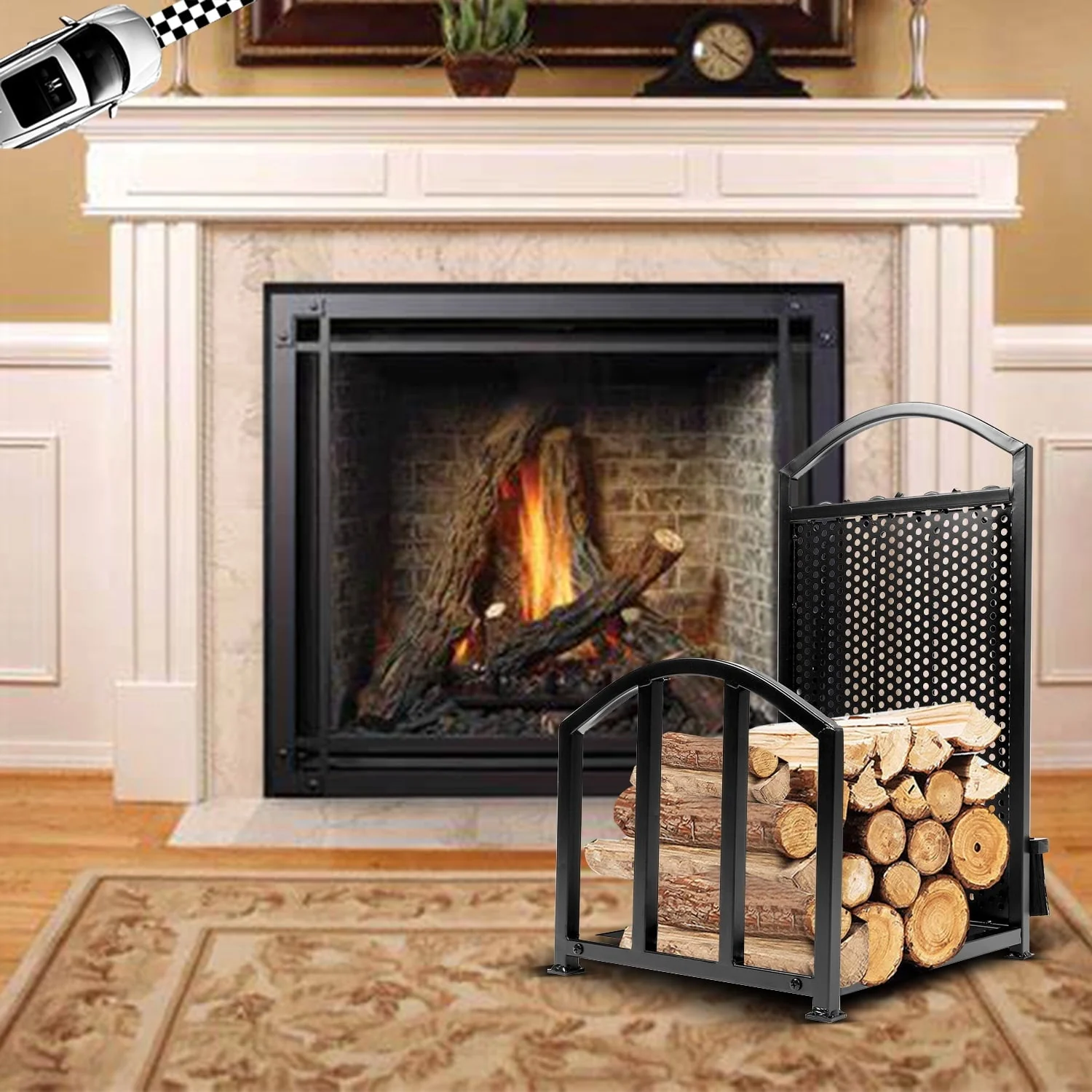 Kojem Fire Wood Rack 27.5in Tall with 4 Fireplace Tools Indoor Outdoor Firewood Holders Wood Holder Rack Lumber Storage Stacking Heavy Duty Wrought Iron Log Bin Holder