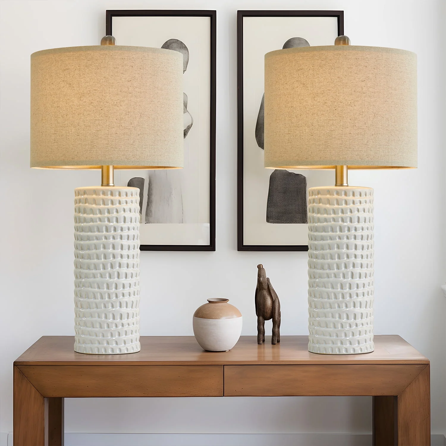 Oneach Ceramic Table Lamps Set of 2 for Living Room Bedroom Study 24.5" Modern White Bedside Nightstand Lamp