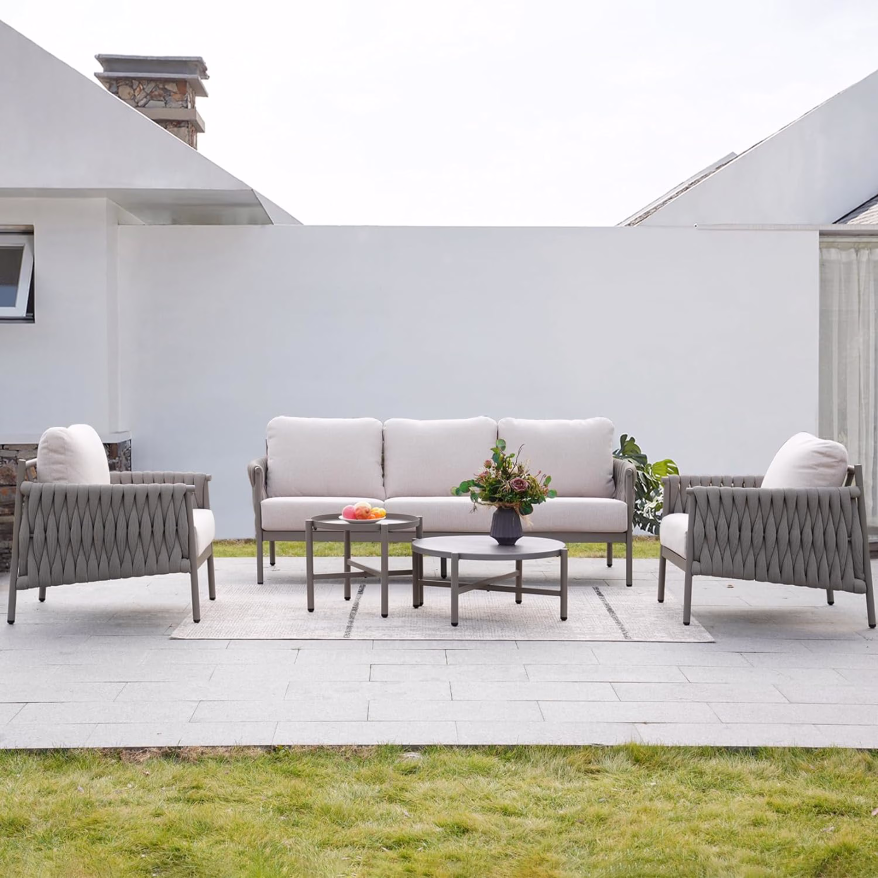 Grand Patio 5-Piece Furniture Set, Cotton Rope Outdoor Conversation Set with Deep Seating, Thick Cushions, Water-Resistant, 2 Coffee Tables, Backyard/Porch