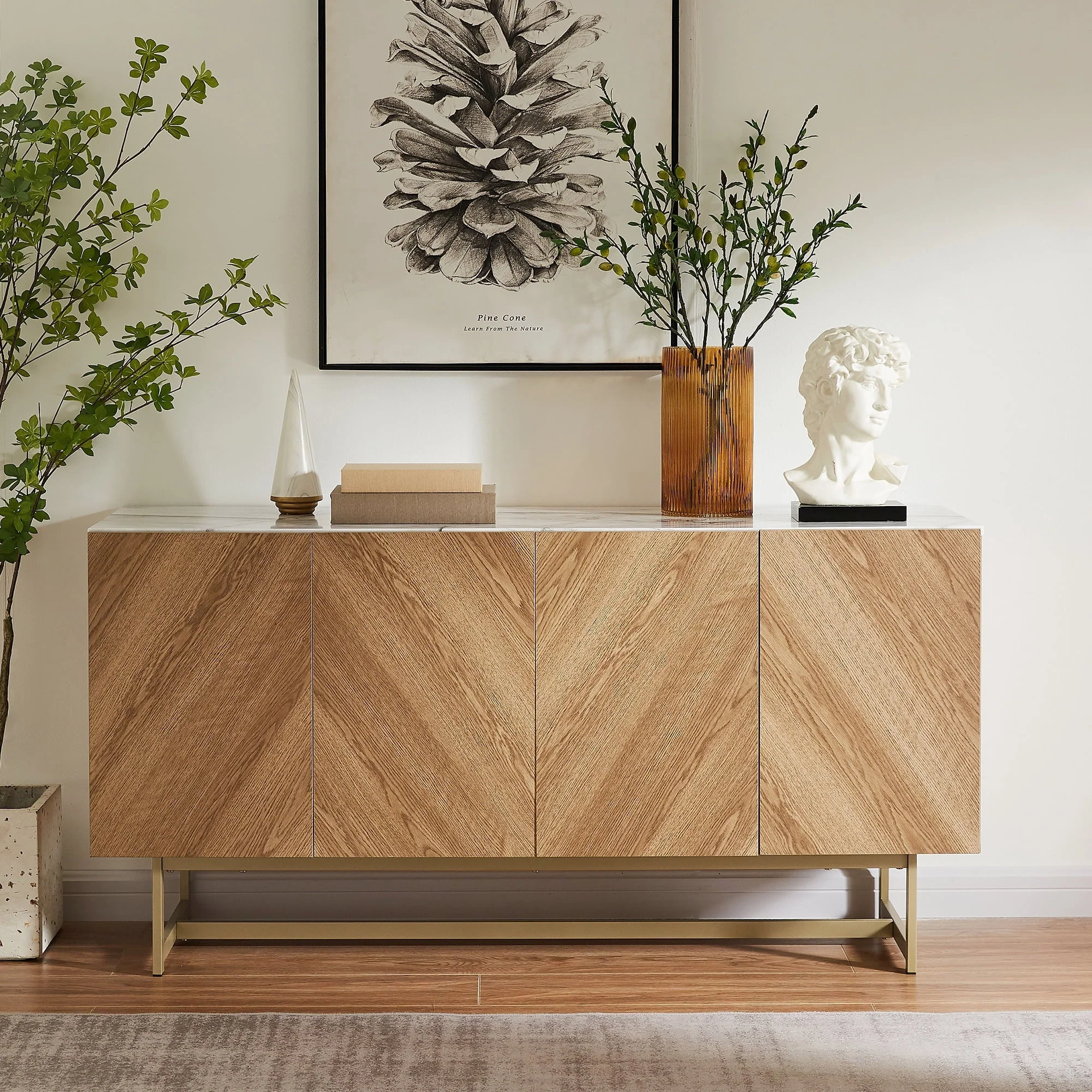 Roomfitters 57�?Mid Century Modern TV Stand, Herringbone Pattern Buffet Cabinet Sideboard Credenza, Marble Top Media Console Entertainment Center for Living Room, Entryway (Oak Wood, Gold Metal Legs)