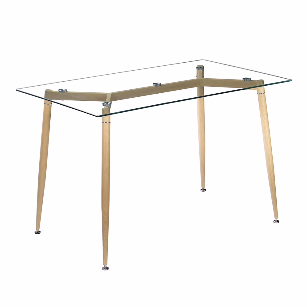 Modern Glass Dinner Table, 8MM Black Tempered Glass Sturdy Table Top, Dining Table Iron Tube Legs w/ Wood Pattern, for Home, Kitchens, Dining Rooms, Cafes, Idea for Eating, Work or Play Games, S12700