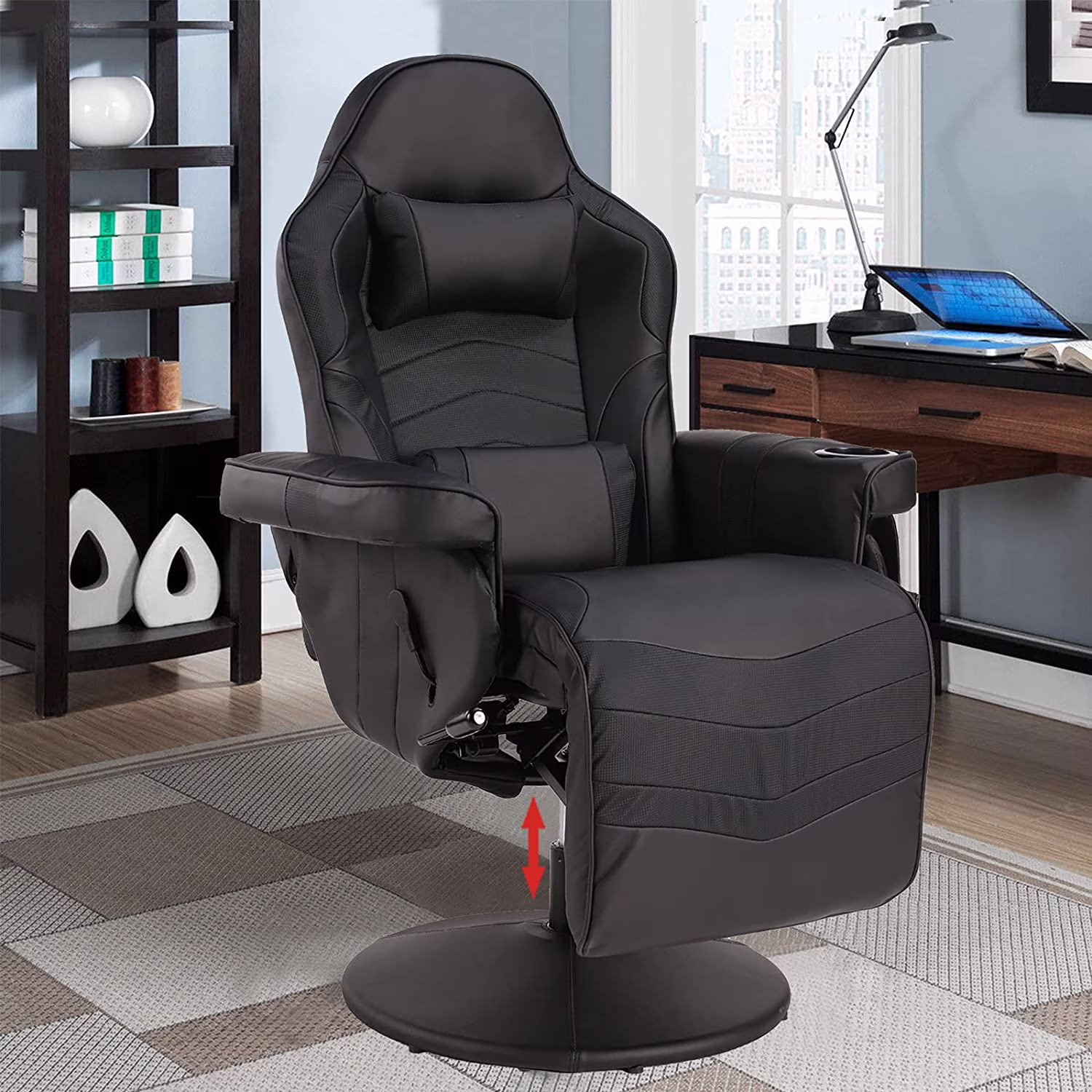 LVUYOYO Massage Video Gaming Recliner Chair Ergonomic Backrest & Seat Height Adjustment Swivel Recliner PU Leather High Back Computer Office Chair with Cupholder, Headrest, Lumbar Support, Footrest