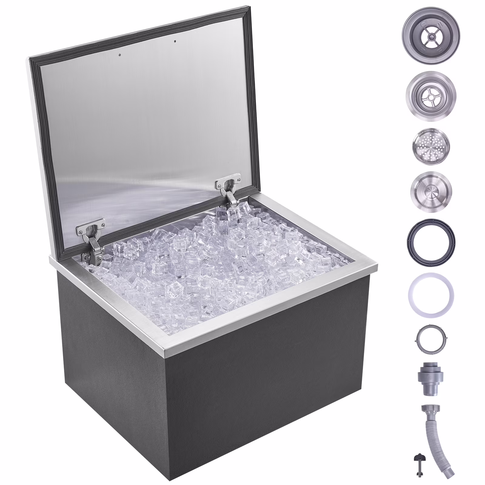 VEVOR Drop in Ice Bin Chest 20x16x13 inch Drop in Cooler Stainless Steel Outdoor Drop in Ice Chest with Cover Bar Ice Bin Drop in Wine Drops Drain-pipe and Drain Plug Included