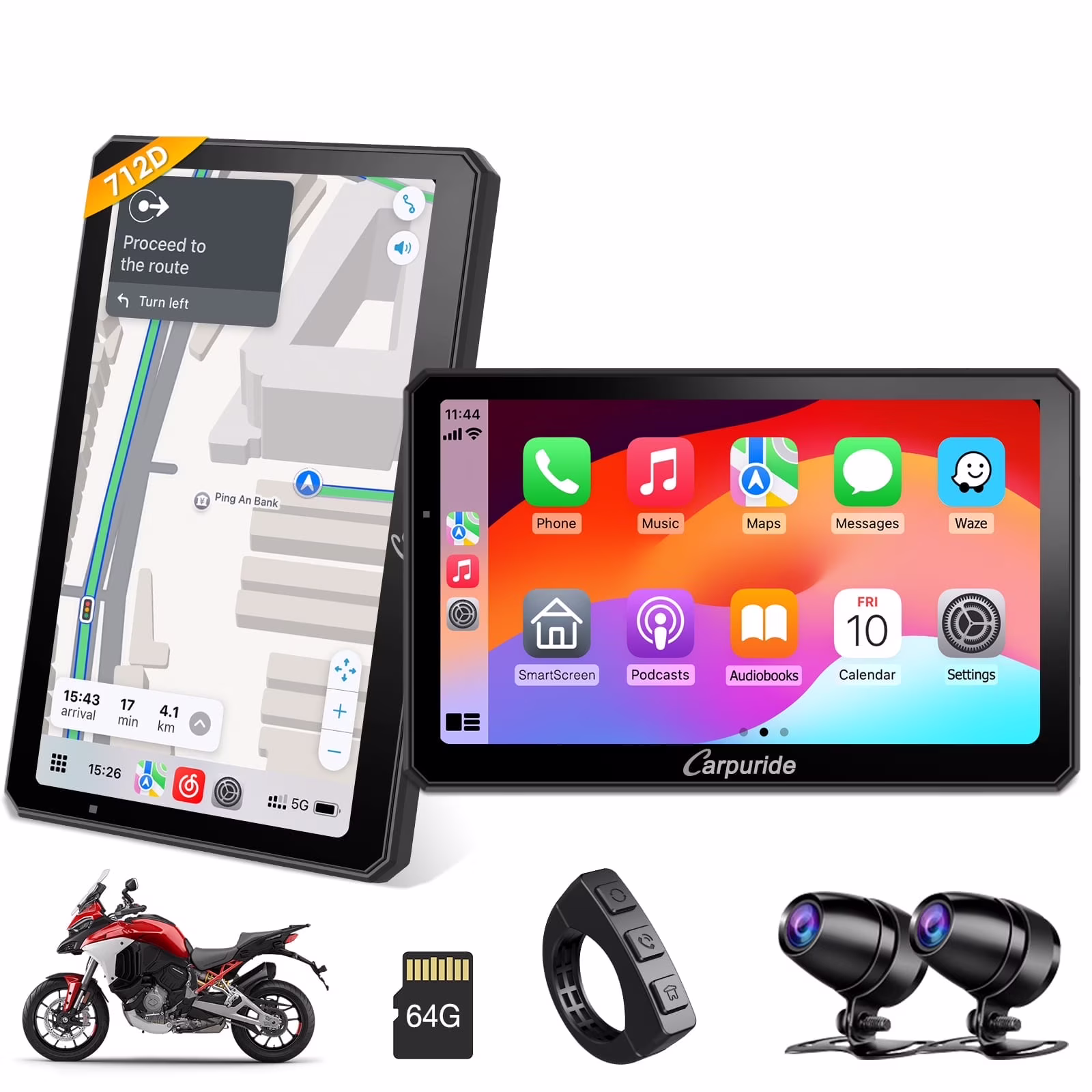 Carpuride Motorcycle HD Dual 1080P Dash Cam, Wireless Apple CarPlay & Android Auto Wire Control, Horizontal  Vertical Rotation 7" Touch Screen (712D)