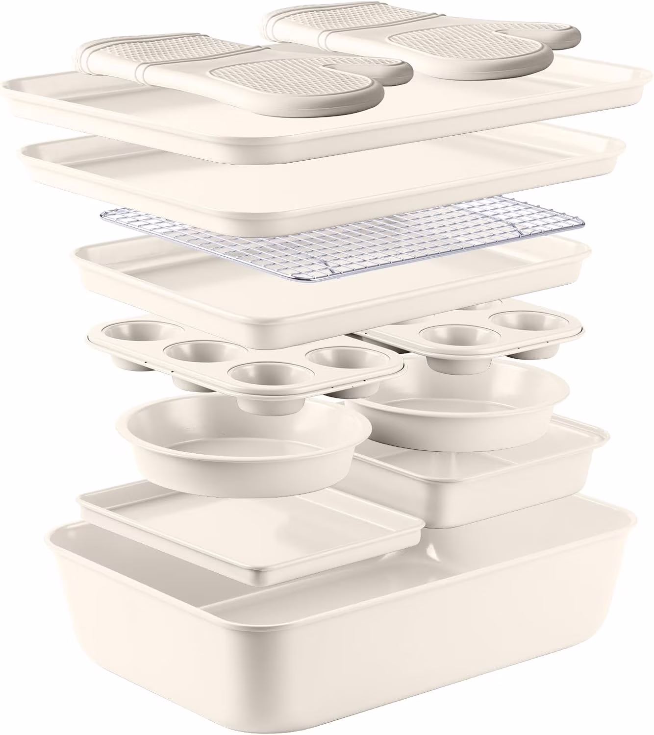Country Kitchen 13-Piece Nonstick Cookware and Bakeware Set - Pots and Pans Collection with Stackable Design, Cream