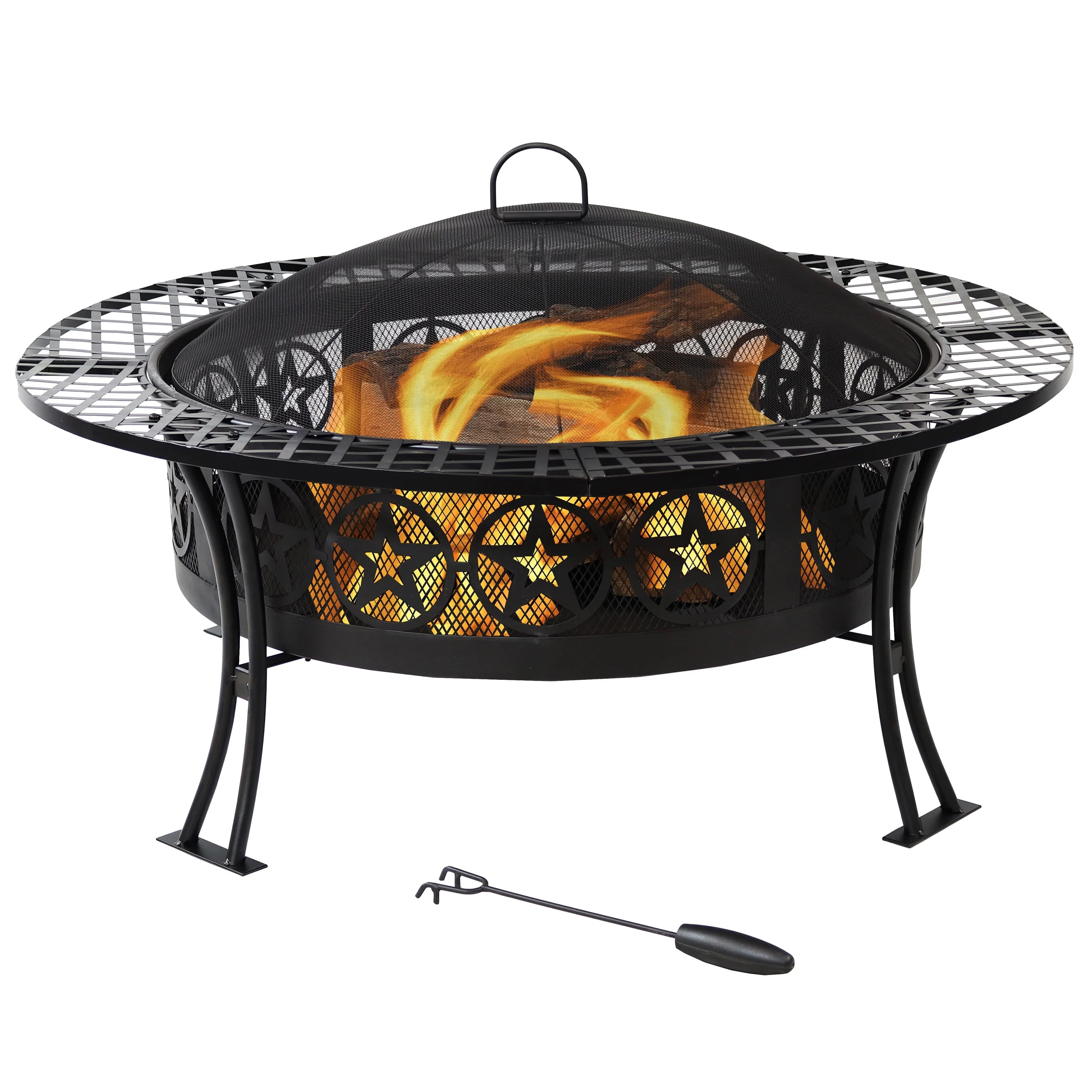 Sunnydaze Outdoor Camping or Backyard Steel Round Four Star Fire Pit Table with Spark Screen - 40" - Black