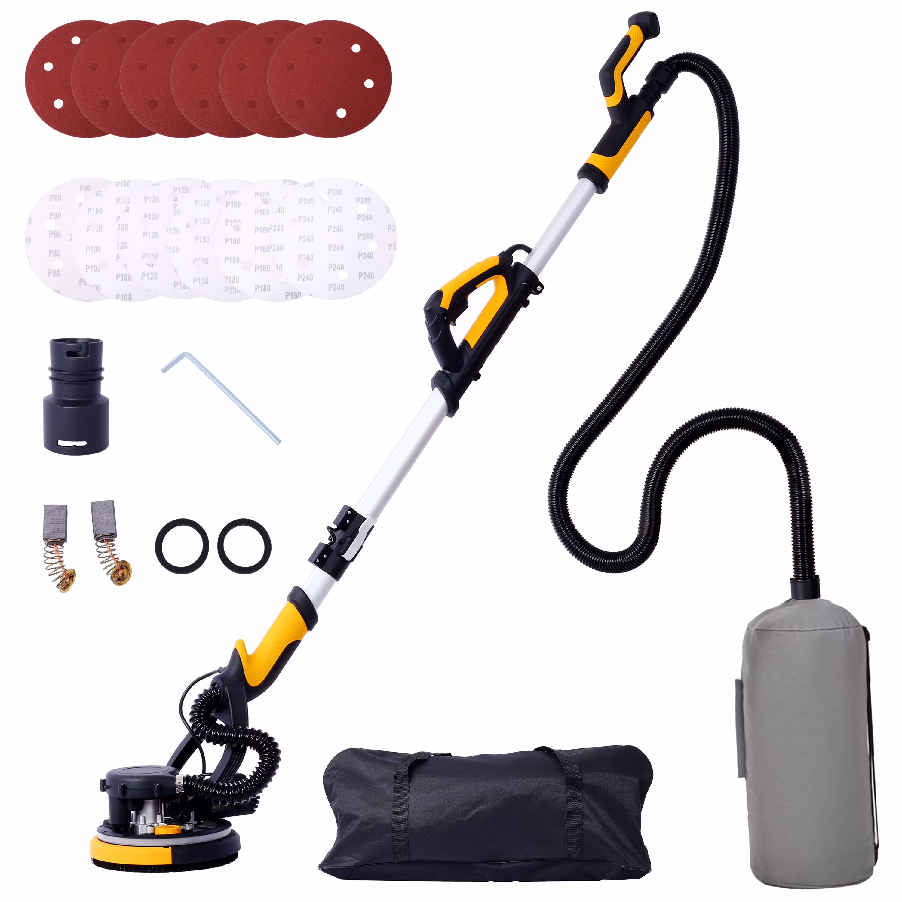 Electric Drywall Sander with Vacuum, 780W Power Sander for Drywall Dustless Floor Sander with Variable Speed 900-1800RPM, LED Light, Extendable, Foldable Handle, 4M Power Cable, Yellow+Black