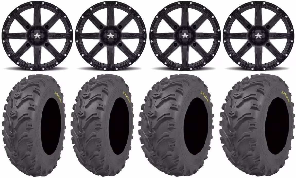 MSA Black Clutch 12" UTV Wheels 25" Bear Claw Tires Kawasaki Teryx Mule