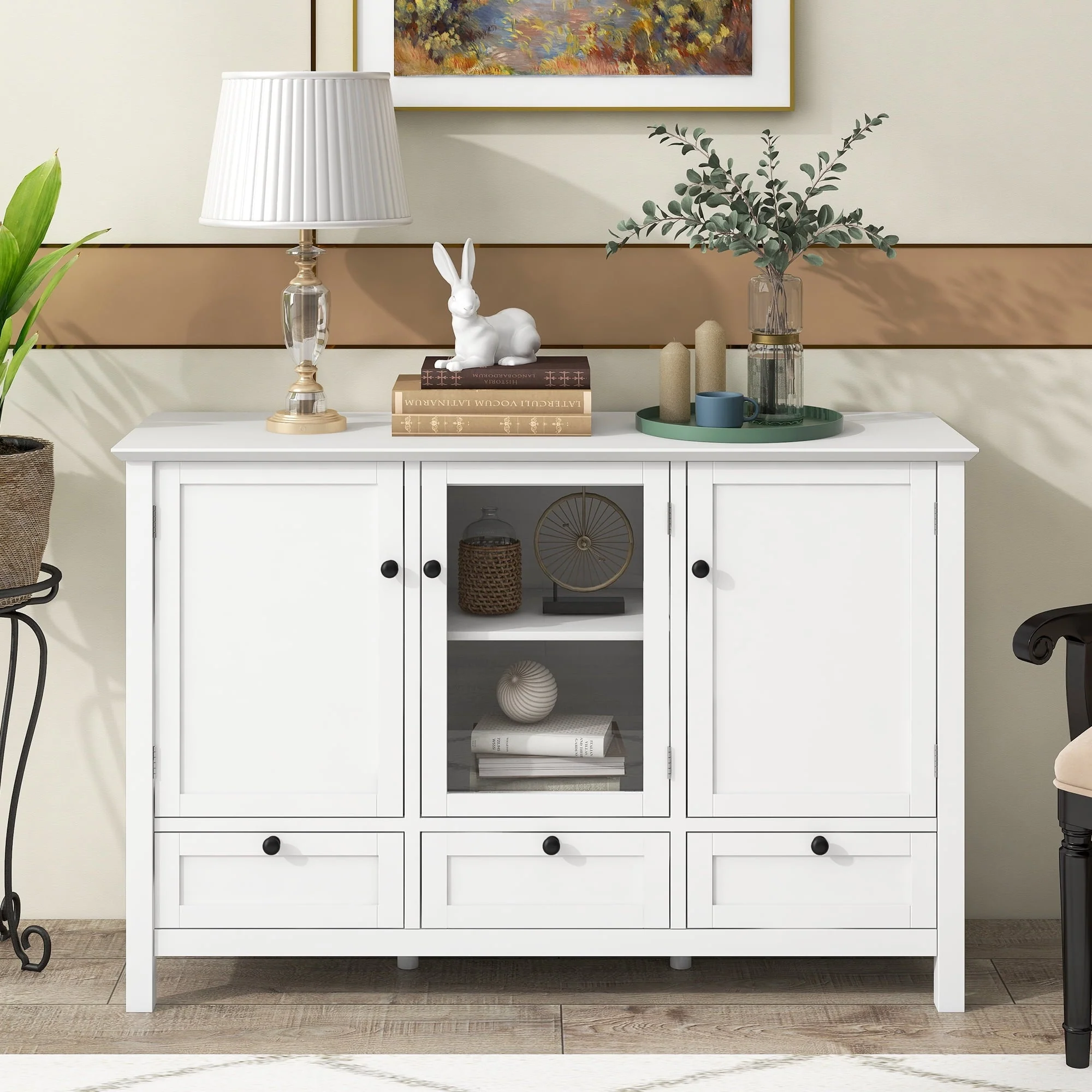 Modern Storage Cabinet, BUG HULL 44.9" Wide Solid Wood Sideboard Buffet Table, Console Table with 3 Doors and Drawers, White