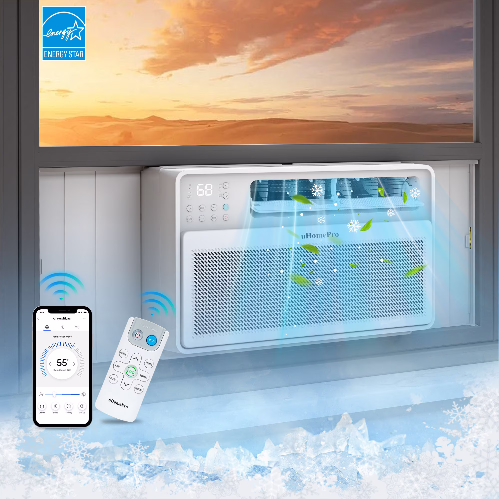 Uhomepro 8,000 BTU Window Air Conditioner with Washable Filter & Adjustable Window Fit, 15-CEER, Energy Saving 38%, Portable Air Conditioner w/ 4 Modes - Cools up to 380 Sq. Ft