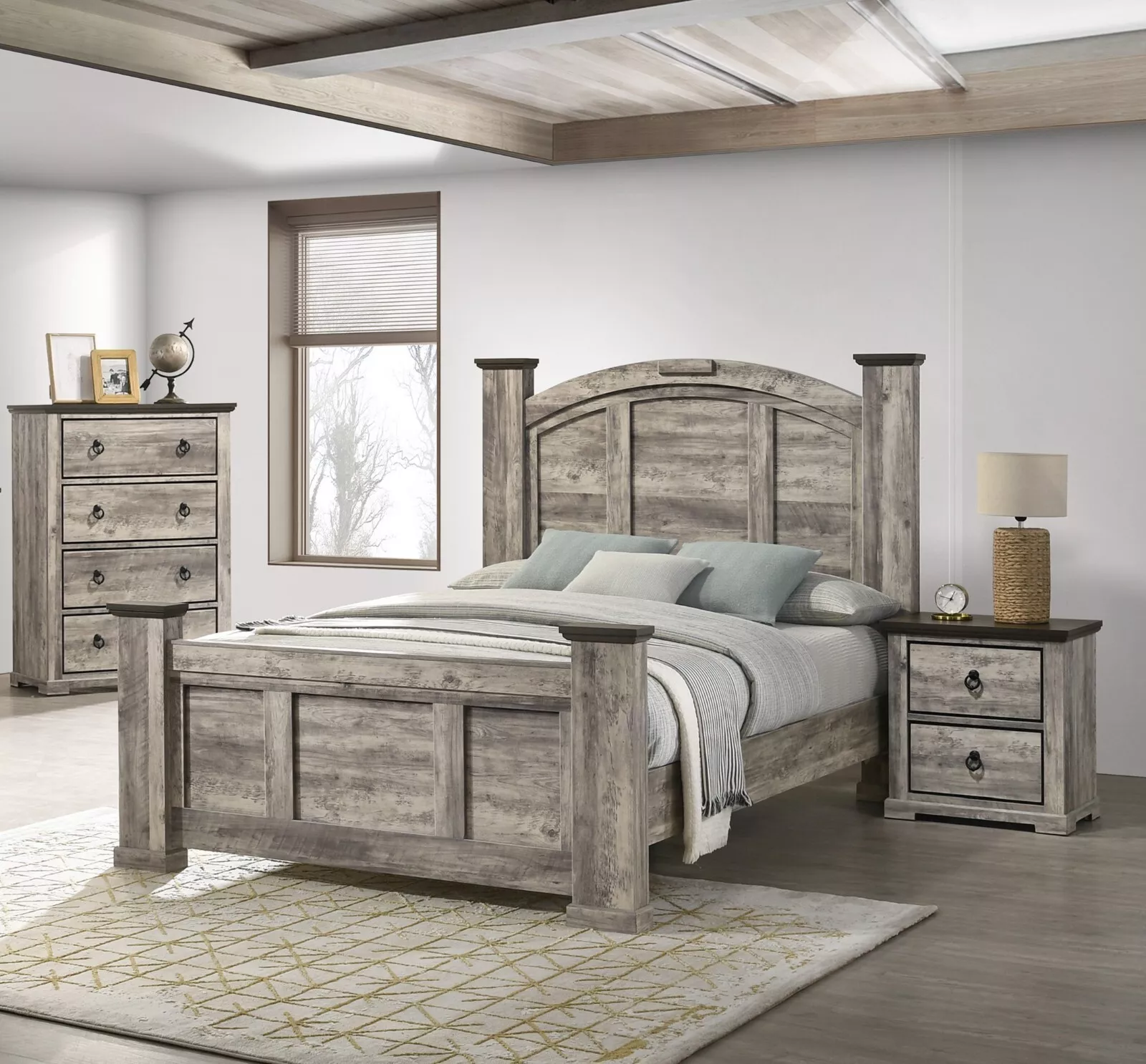 Rustic Gray Poster Queen Size 3pc Bed Set Storage Chest Nightstand Furniture