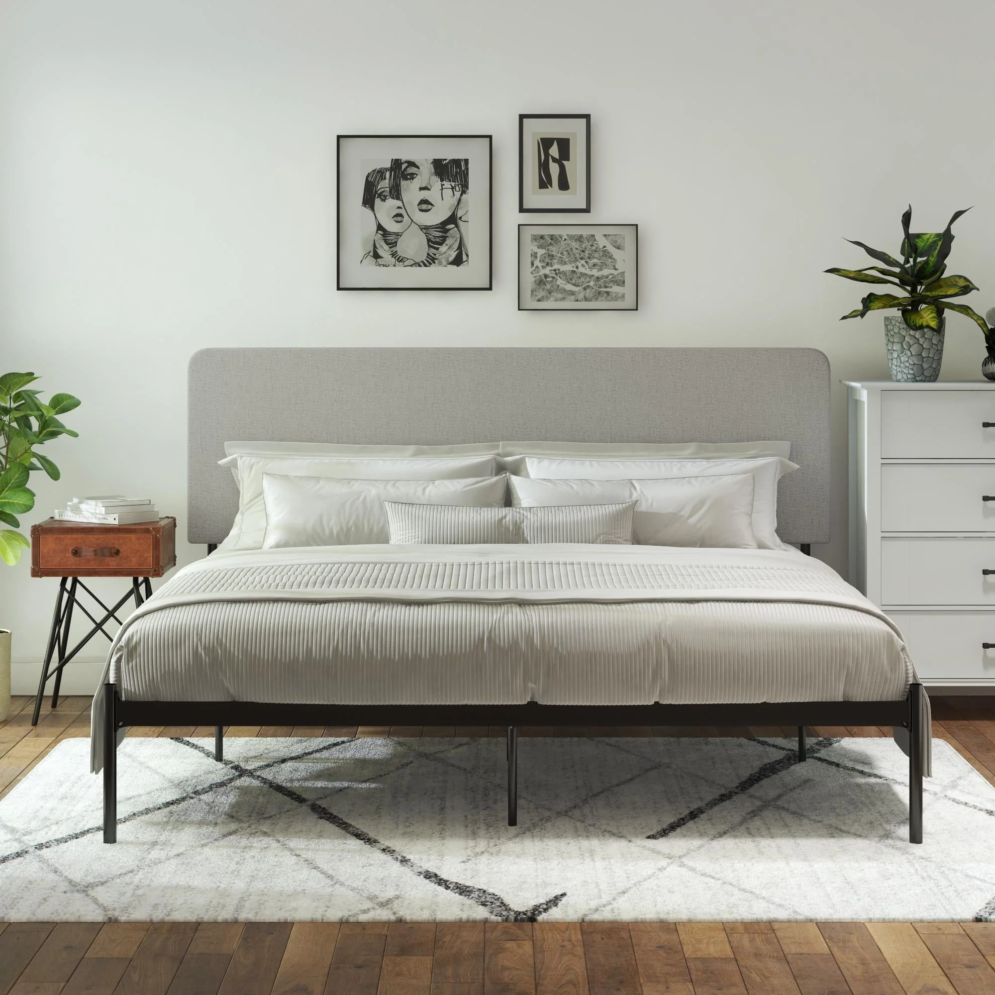 Queer Eye Krew Upholstered Bed, King Size Frame, Black Metal/Gray Linen