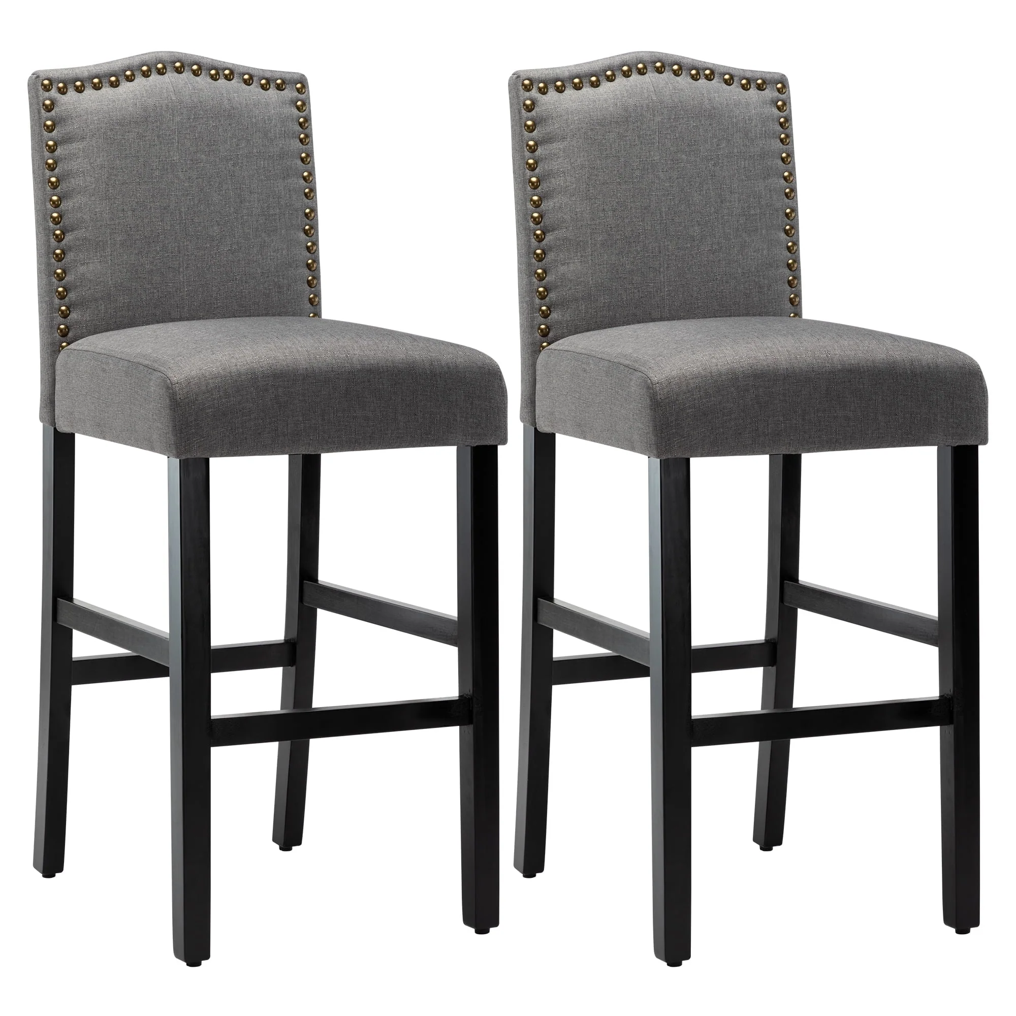 Modern Bar Height Classic Fabric Upholstered Bar stools with Nail Head, Gray, Set of 2