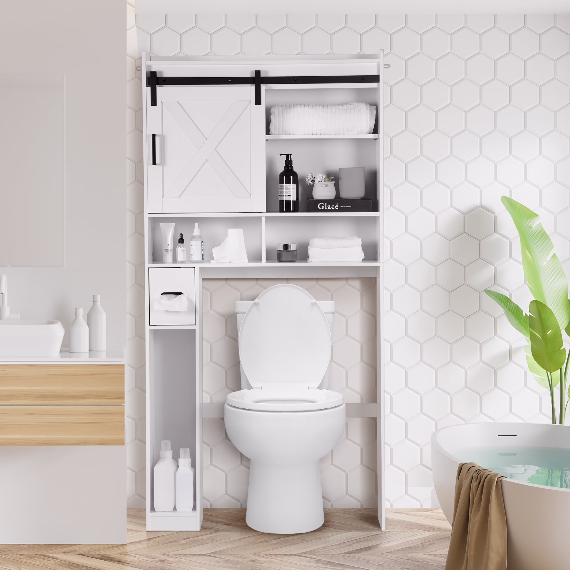 YISUFO Over The Toilet Storage Cabinet, Bathroom Organizer Shelf with 2 Barn Door & Toilet Paper Holder Stand, Space-Saving Toilet Rack