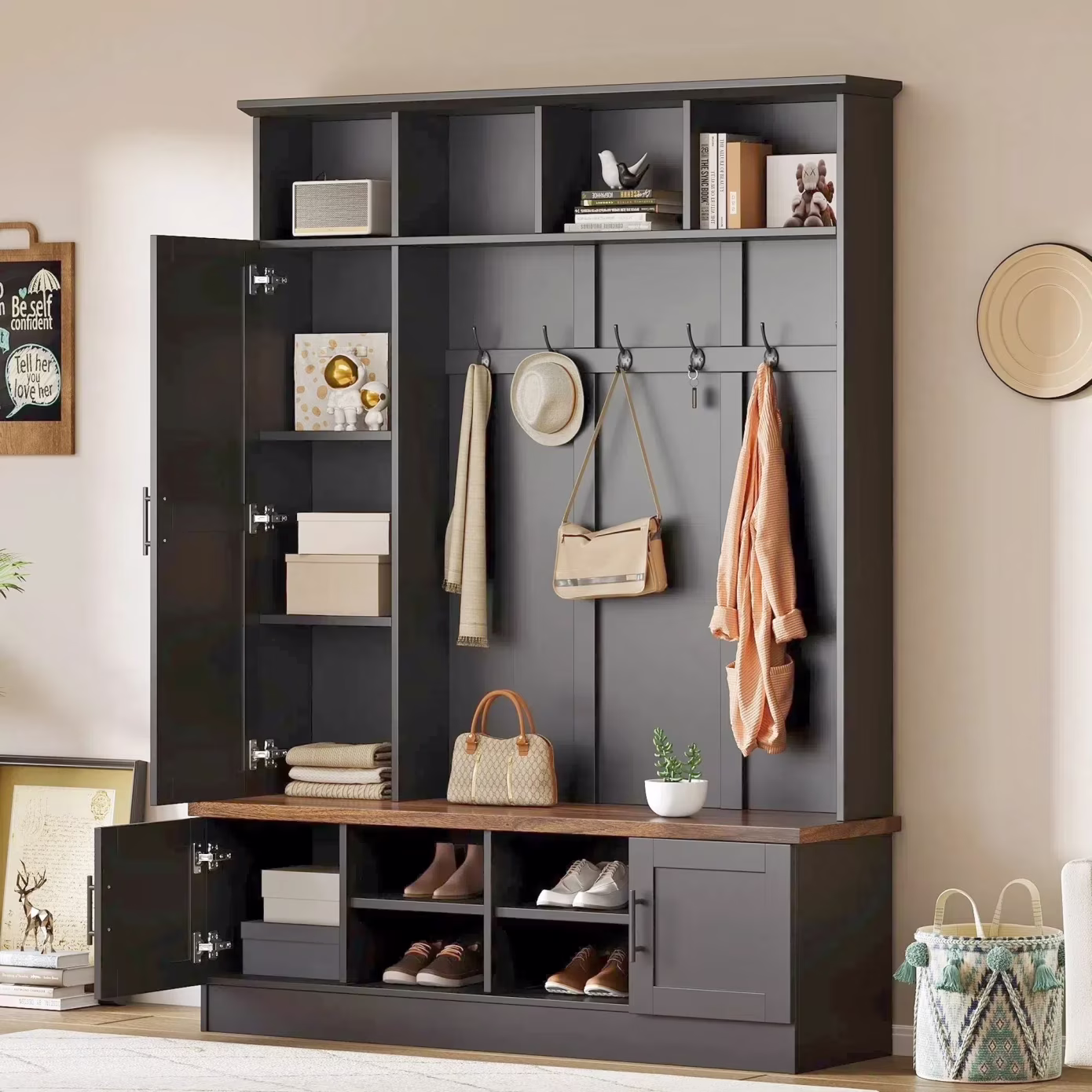 Hall Tree with Bench and Shoe Storage, 3-in-1 Hall Tree with Coat Rack, Adjustable Shoe Storage, 6 Hooks, 3 Cabinets, 4 Open Compartments, for Hallway, Entryway, Bedroom, Black