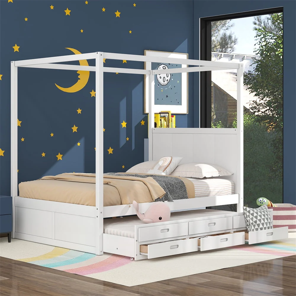 Canopy Platform Bed with Trundle and 3 Drawers, Solid Wood Queen Size Platform Bed Frame with Headboard, Four-Poster Canopy Bed with Slat Support Legs, Sturdy Mattress Foundation, for Girls Boys White