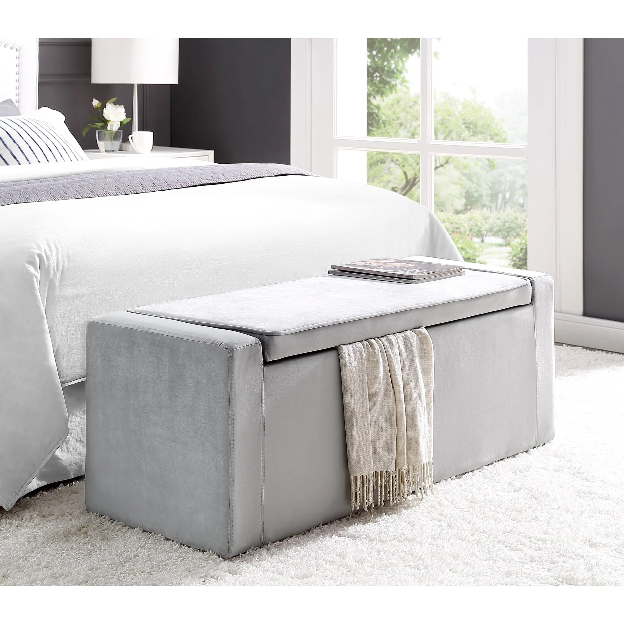 Inspired Home Aron Velvet Storage Bench Upholstered, Grey