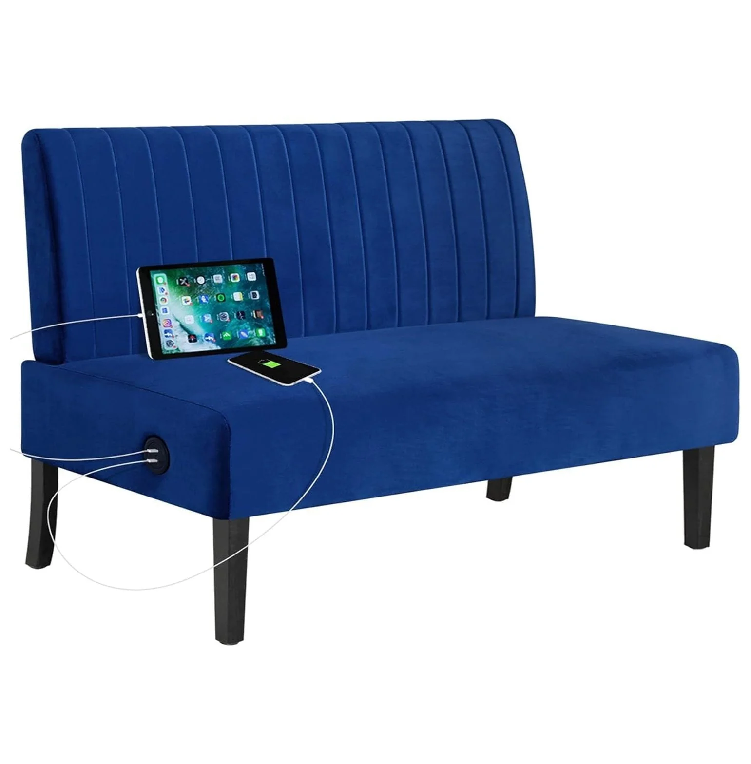 GnHoCh 43" W Mini Small Comfy Couch Armless Loveseat Sofa for Bedroom with USB Port, Velvet Small Couches for Small Spaces Living Room, Apartment Office Dorm (Navy Blue)