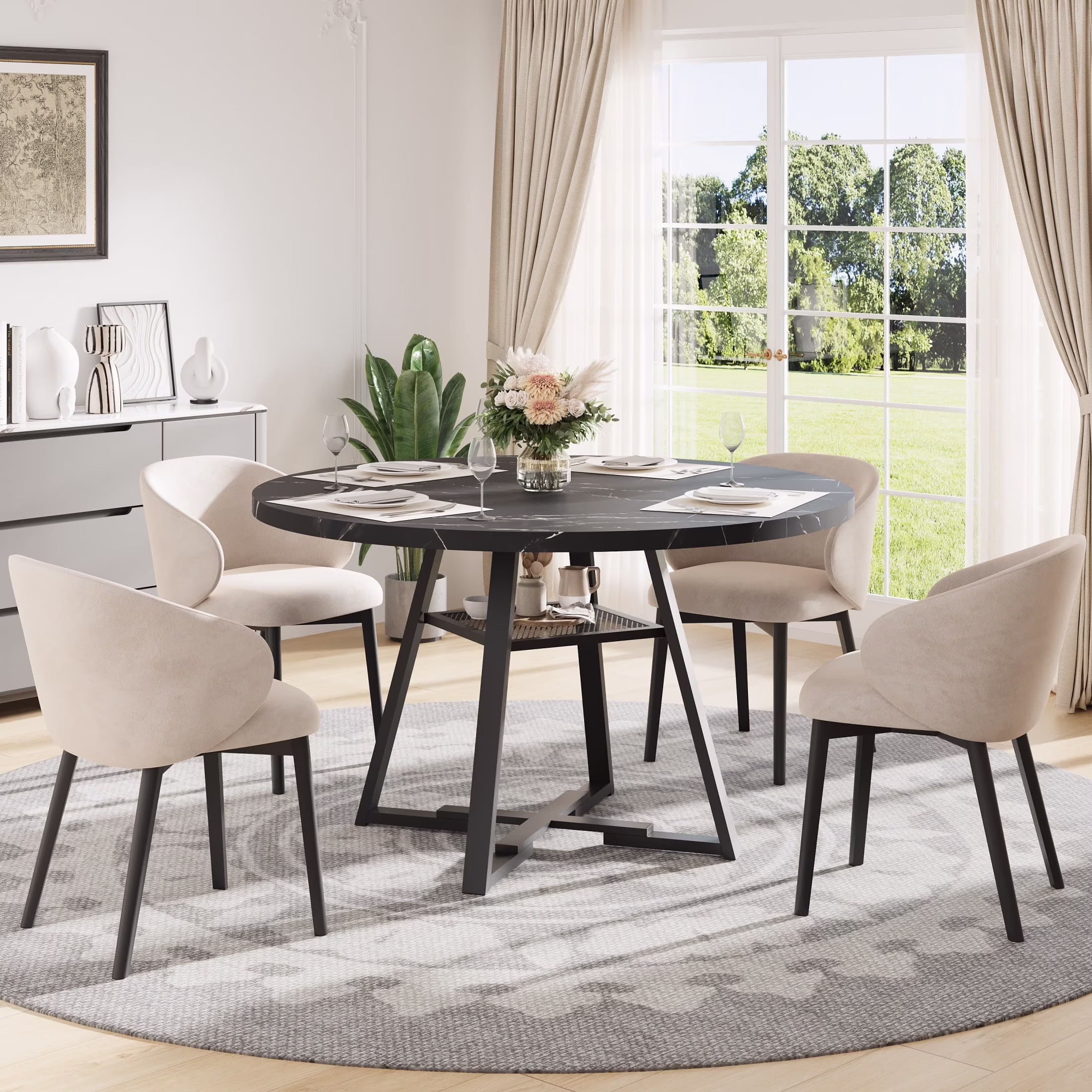 UHOMEPRO Round Dining Table for 4, Modern Faux Marble Single Kitchen Table with Storage Shelves for Kitchen, Dining Room Table with Sturdy Cross-Shaped Base Support (Chairs Not Included), Black