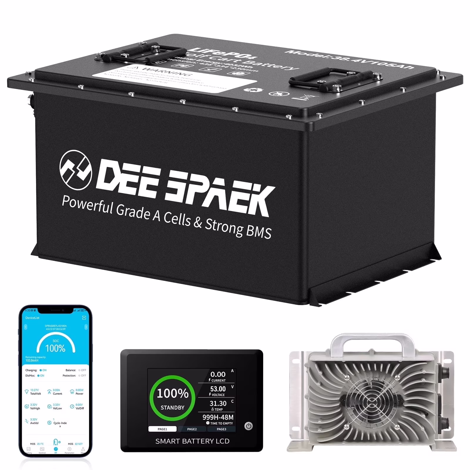 36V 105Ah Golf Carts LiFePO4 Battery Bluetooth,200A BMS,with Monitor Mobile APP & 43.8V 20A Charger,Deep Cycles Lithium RV Batteries