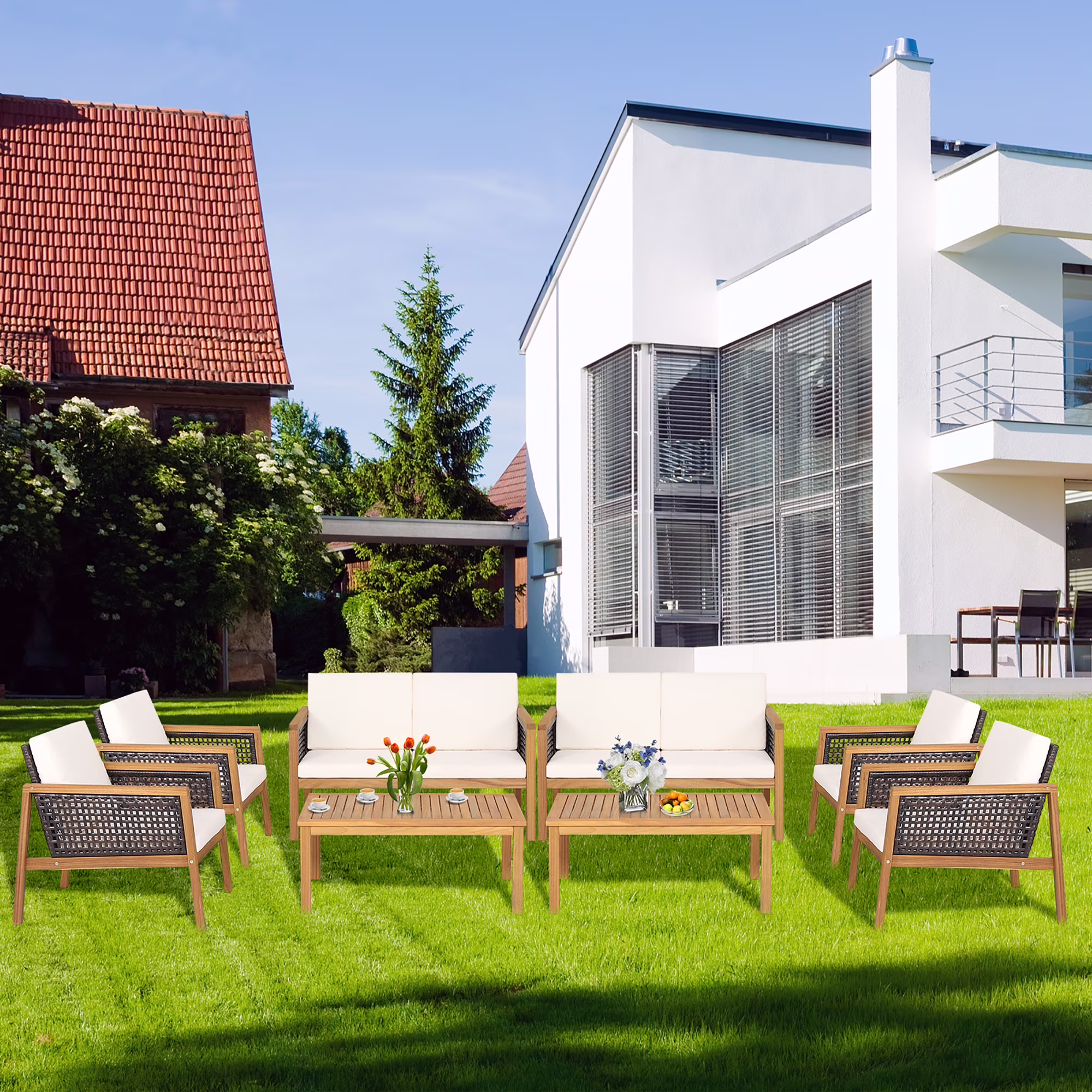 Costway 8PCS Patio Rattan Furniture Set Acacia Wood Cushioned Sofa Off White