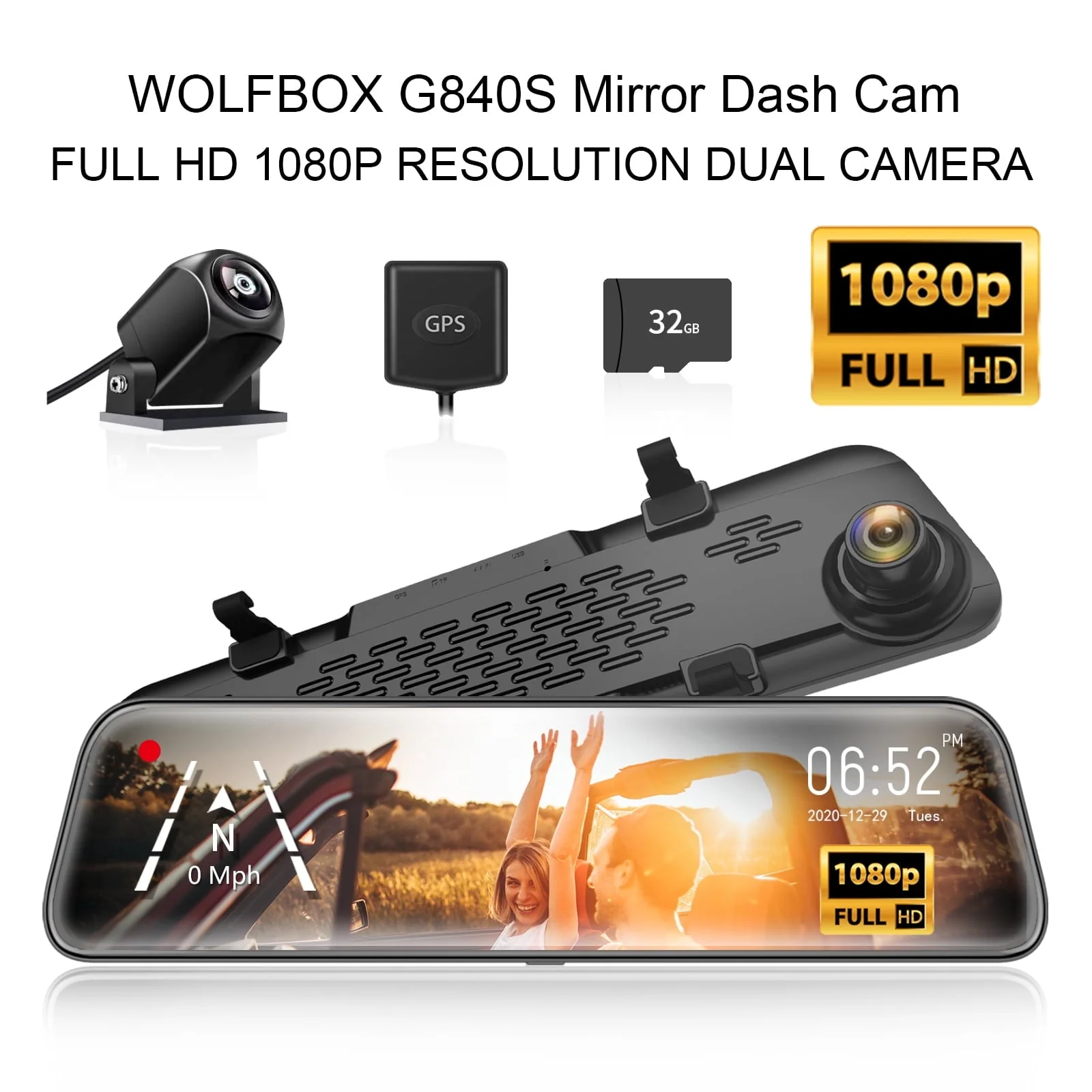 WOLFBOX 12" 1080P Mirror Dash Cam with Full Touch Screen,Backup Camera Rear View Mirror Dash Camera, Parking Monitor, Free 32GB TF Card & GPS
