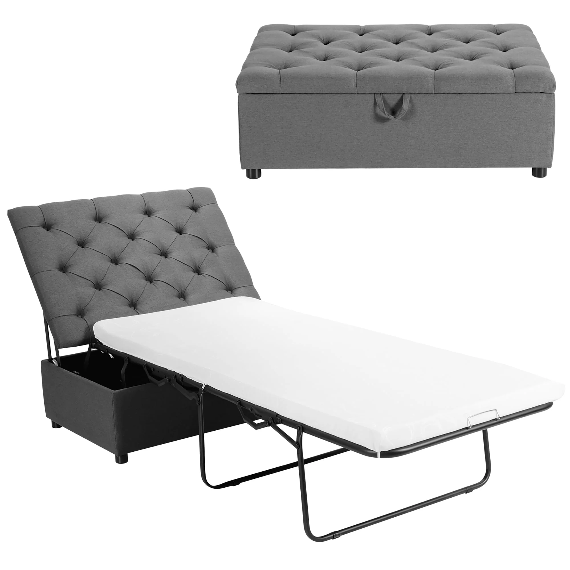 Costway Folding Ottoman Sleeper Bed with Mattress Convertible Guest Bed Grey