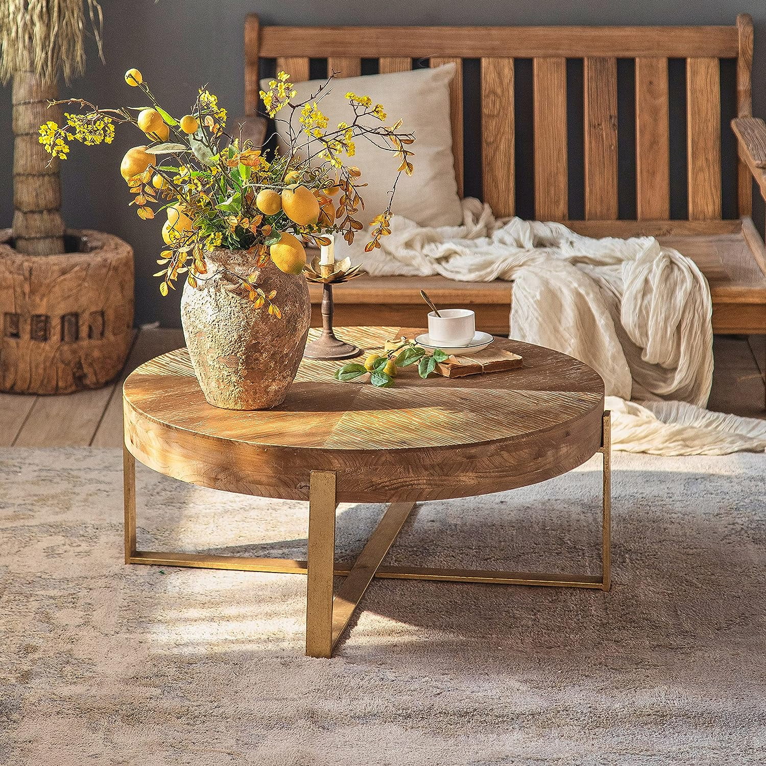 Coffee Table,Gexpusm 32" Round Wood Center Table for Living Room, Mid Century Modern Farmhouse Round Coffee Table with Gold Metal Legs, Brown