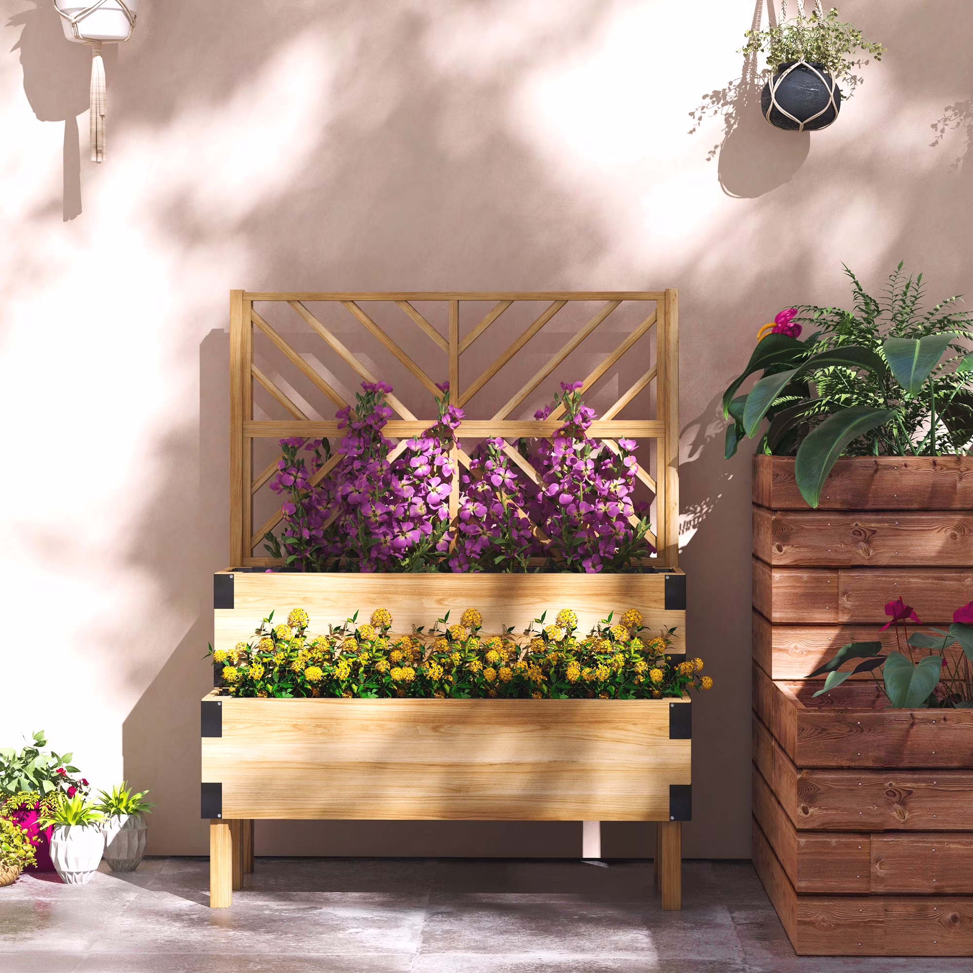 Outsunny 2 Tier Trellis Planter, 47.2�?x 15.7�?x 31.5�? Natural, Wood Garden Planter Box
