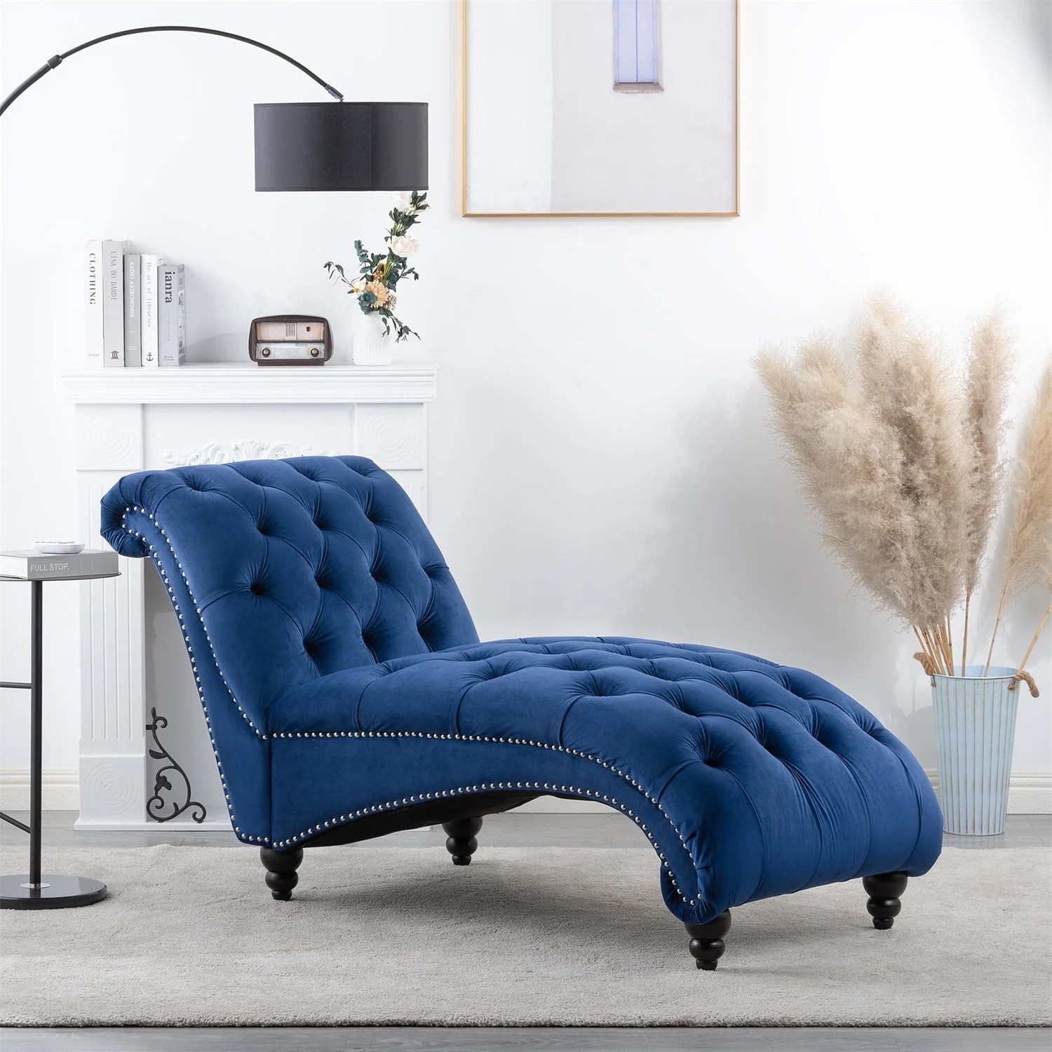 Chaise Lounge Indoor, Fabric Upholstered Leisure Accent Chair with Solid Wood Legs, Modern Button-Tufted Armless Sofa Couch Recliner Sleeper Chair for Home Living Room Bedroom Office, Blue