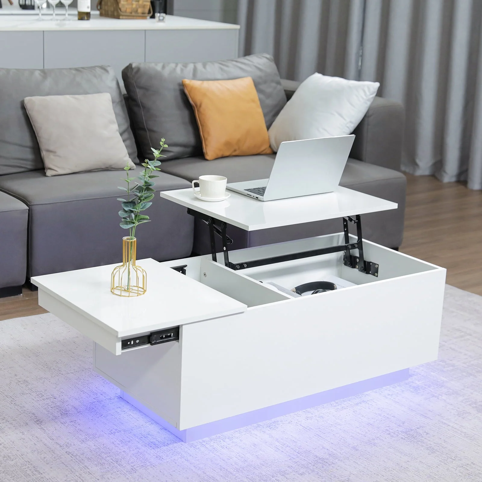 LED Coffee Table Lift Top End Table with with Charging Station and Storage Space Modern Rectangle Cocktail Tables Sofa Side Dining Table