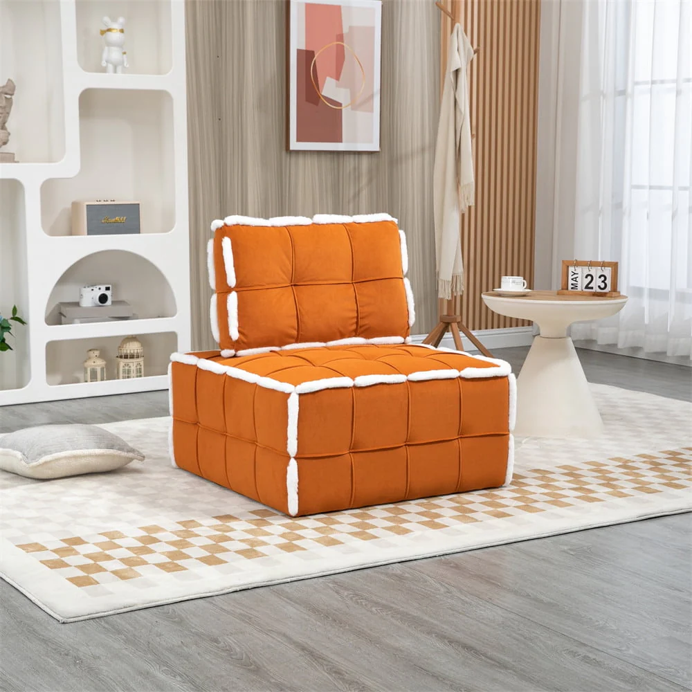 Oversized Lazy Sofa Chair with Back Pillow, Velvet Upholstered Chaise Lounge Chair with 275LBS Weight Capacity, Comfy Armless Single Sofa Couch for Living Room, Bedroom, Club, Orange