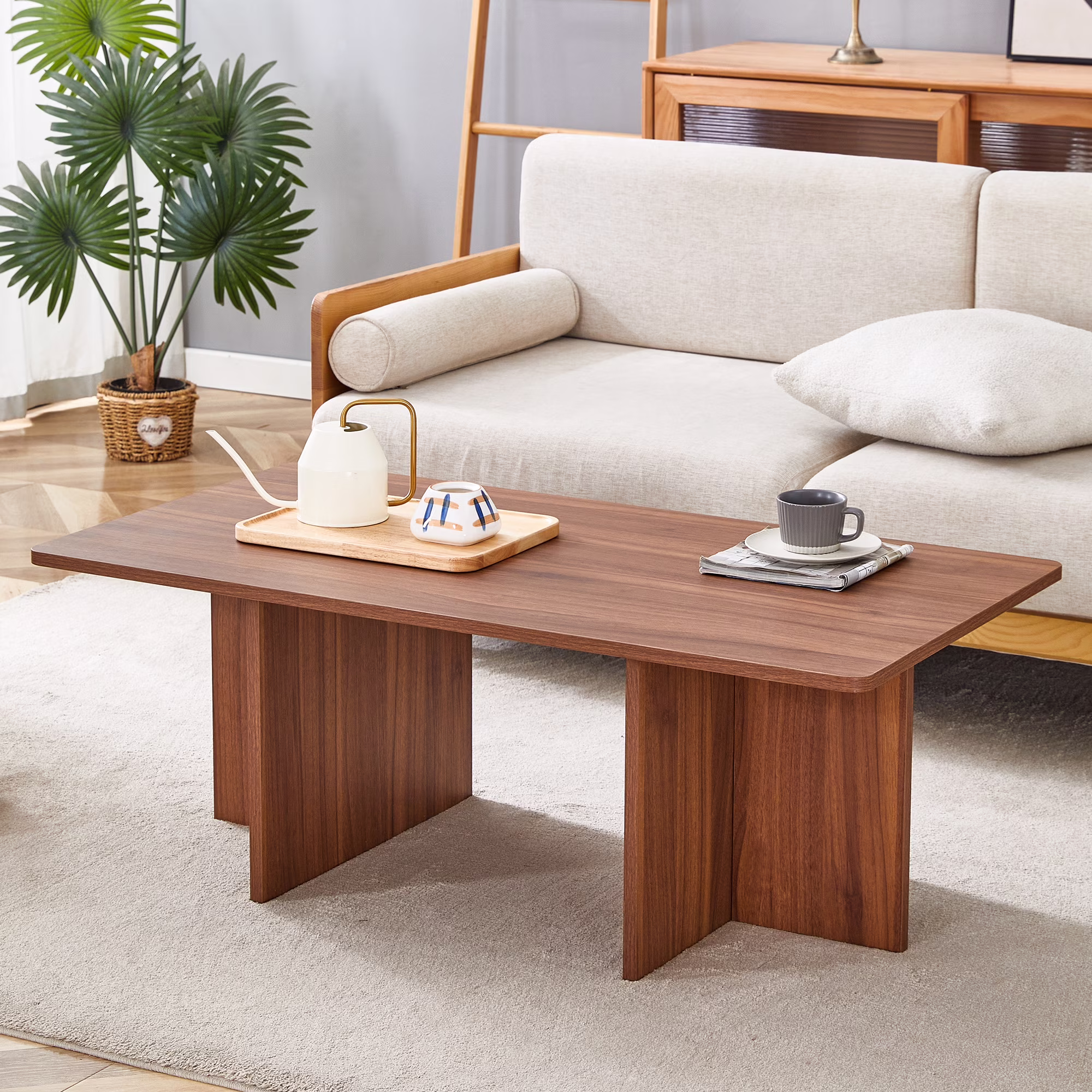 Auranook 44.8" Modern Coffee Table with Triangular Support, MDF Desktop for Living Room��Bedroom, Study��Walnut